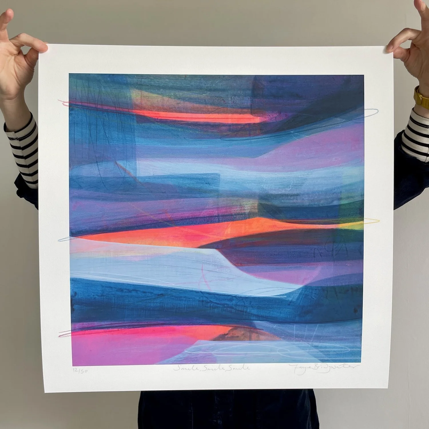 Smile Smile Smile limited edition print by Faye Bridgwater, blue painting with orange tones