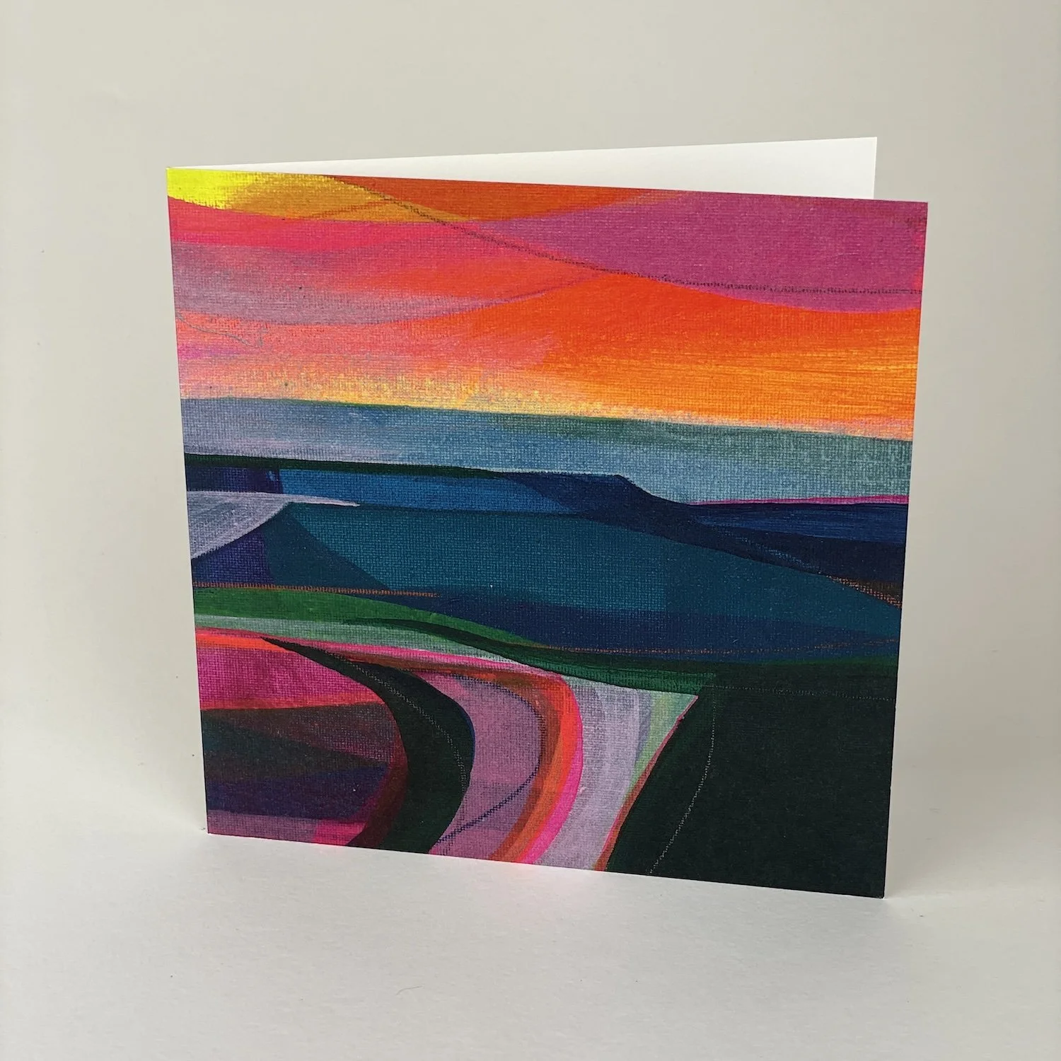 Landscape fine art greeting card gift for art lovers featuring colourful countryside painting