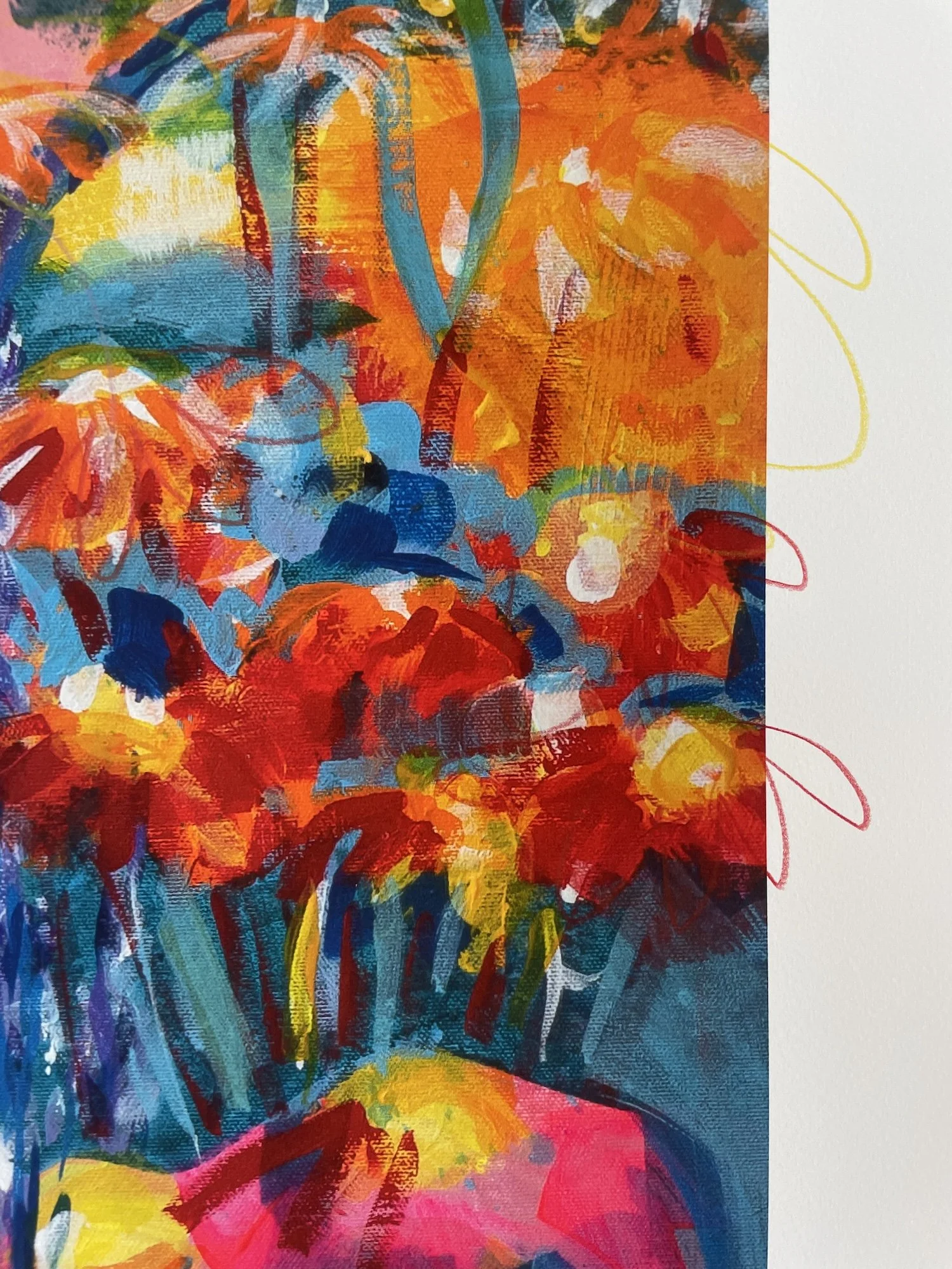 Leaping and Pracing limited edition print by Faye Bridgwater, a blue floral painting with pops of colour to bring a living space to life