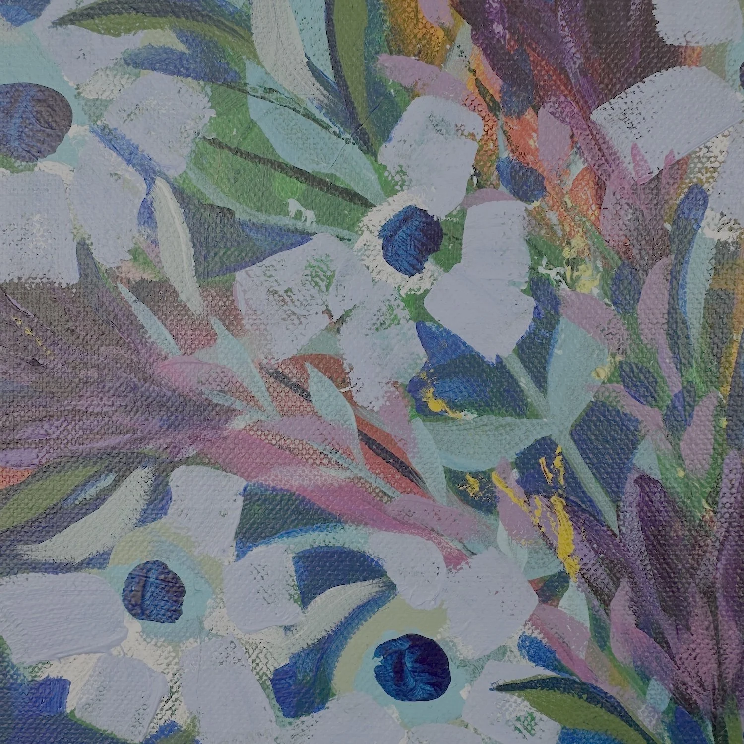 Pretty blue flowers in this energising wall art by Faye Bridgwater