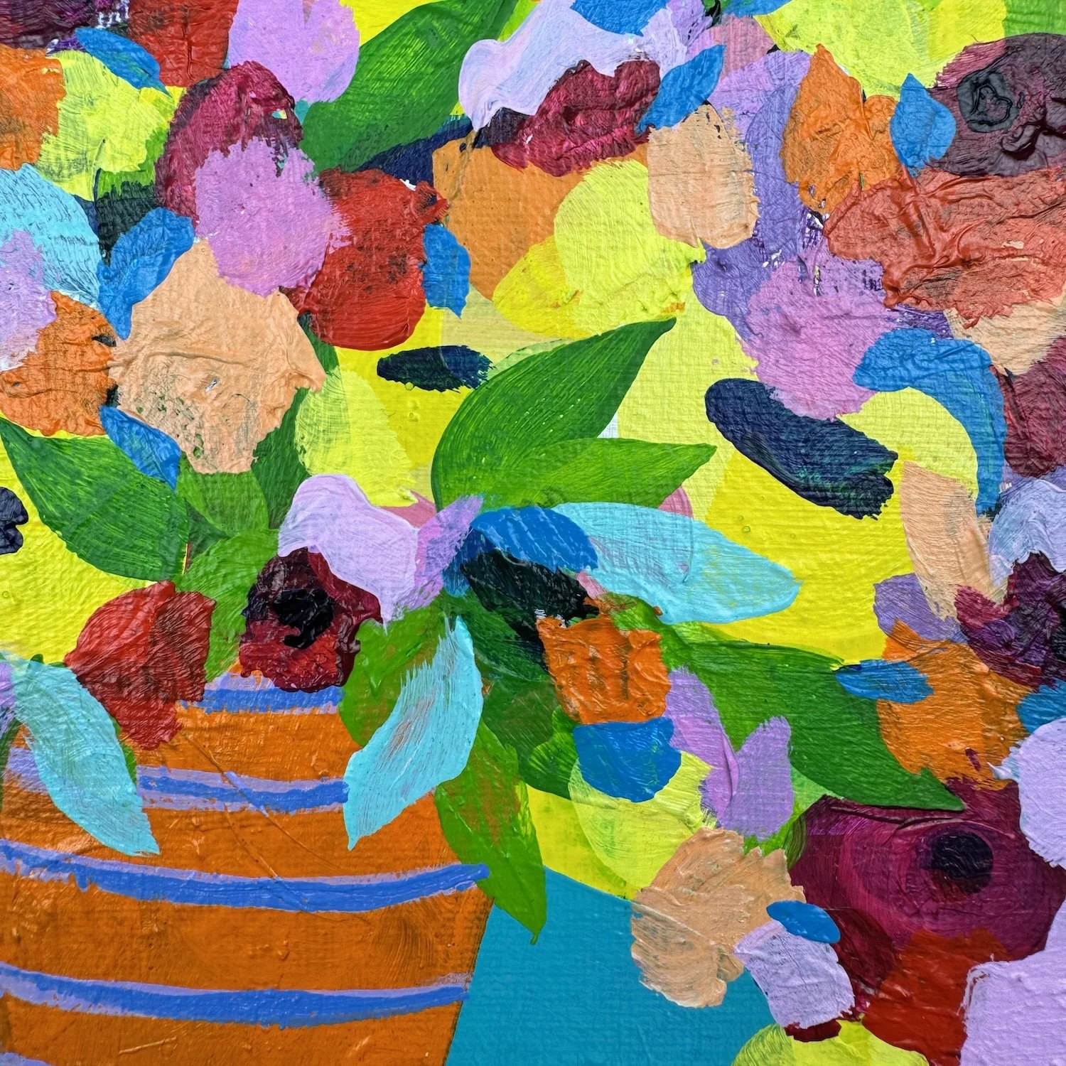 Close-up of expressive brushstrokes in yellow and red flowers on pink background, textured floral painting