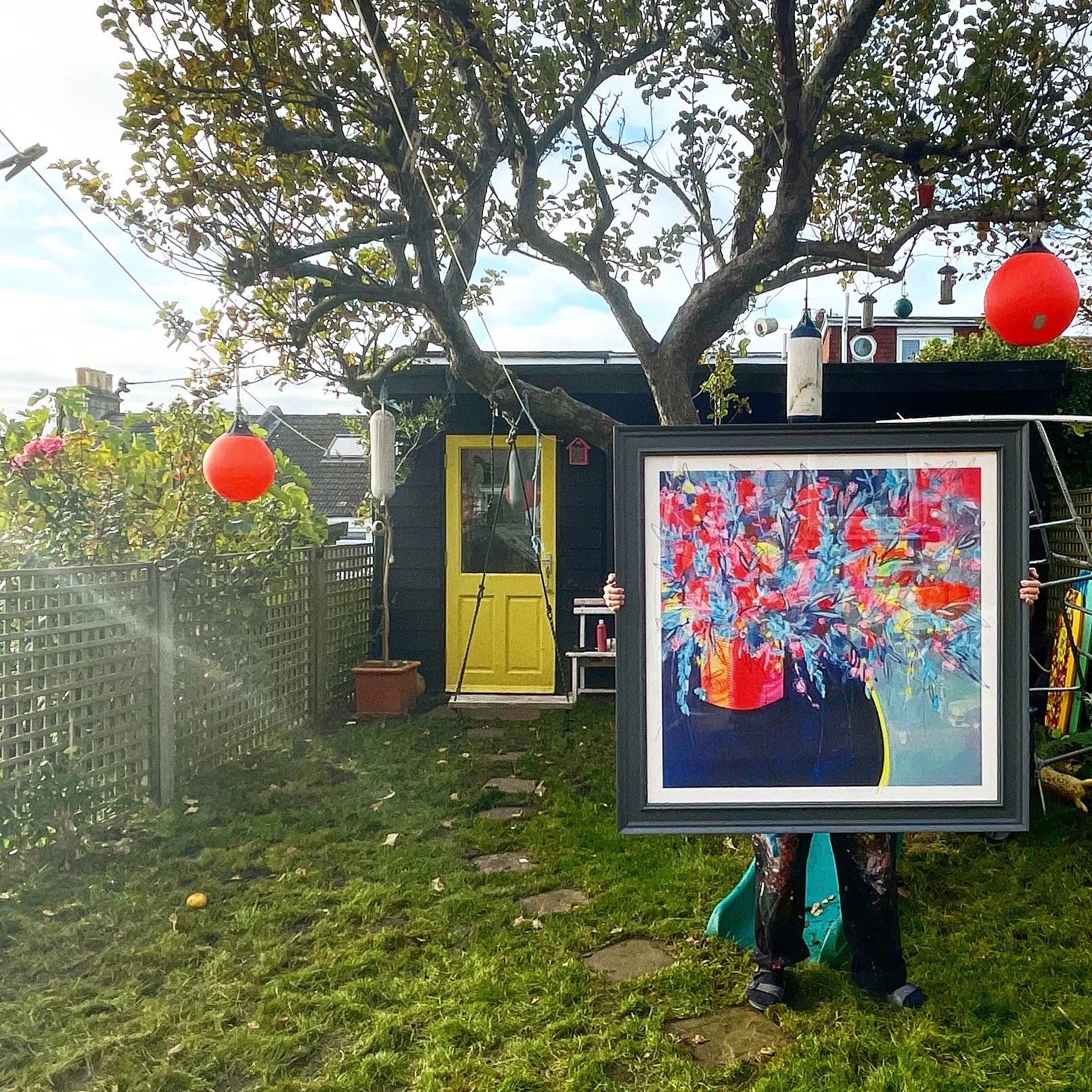 Signed limited edition floral print by Faye Bridgwater titled “Triumph & Celebration”, full of bold colour and expressive brushwork, with blue and pink tones