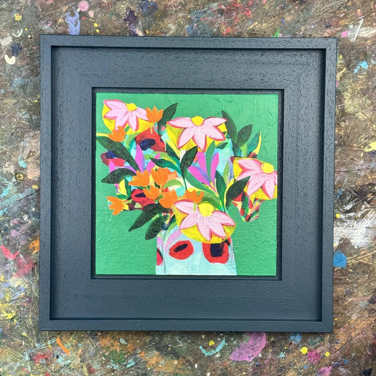 Potted flower painting with layered colour and lively composition