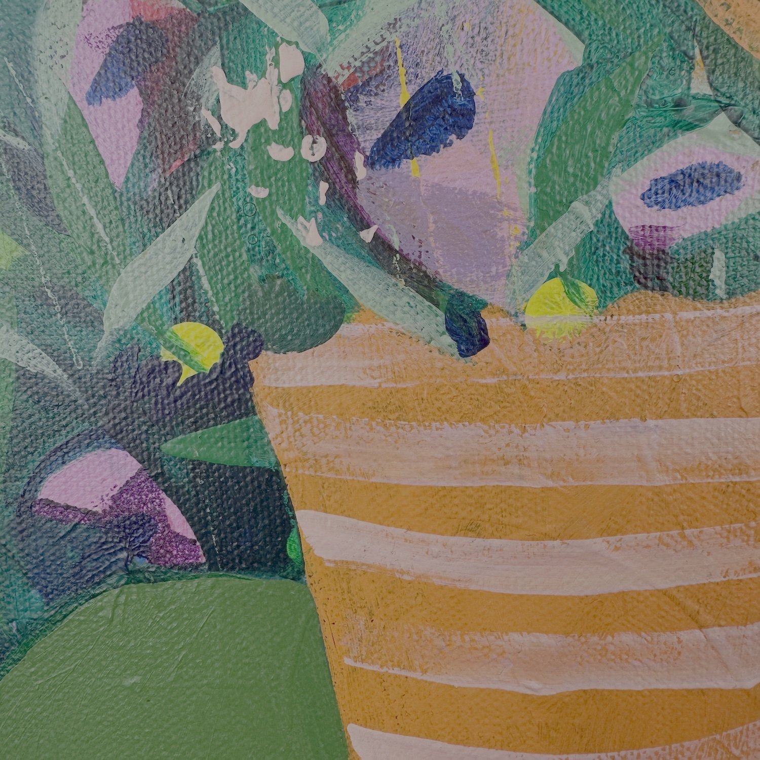 Colourful wall art of purple flowers in an orange put with a green background