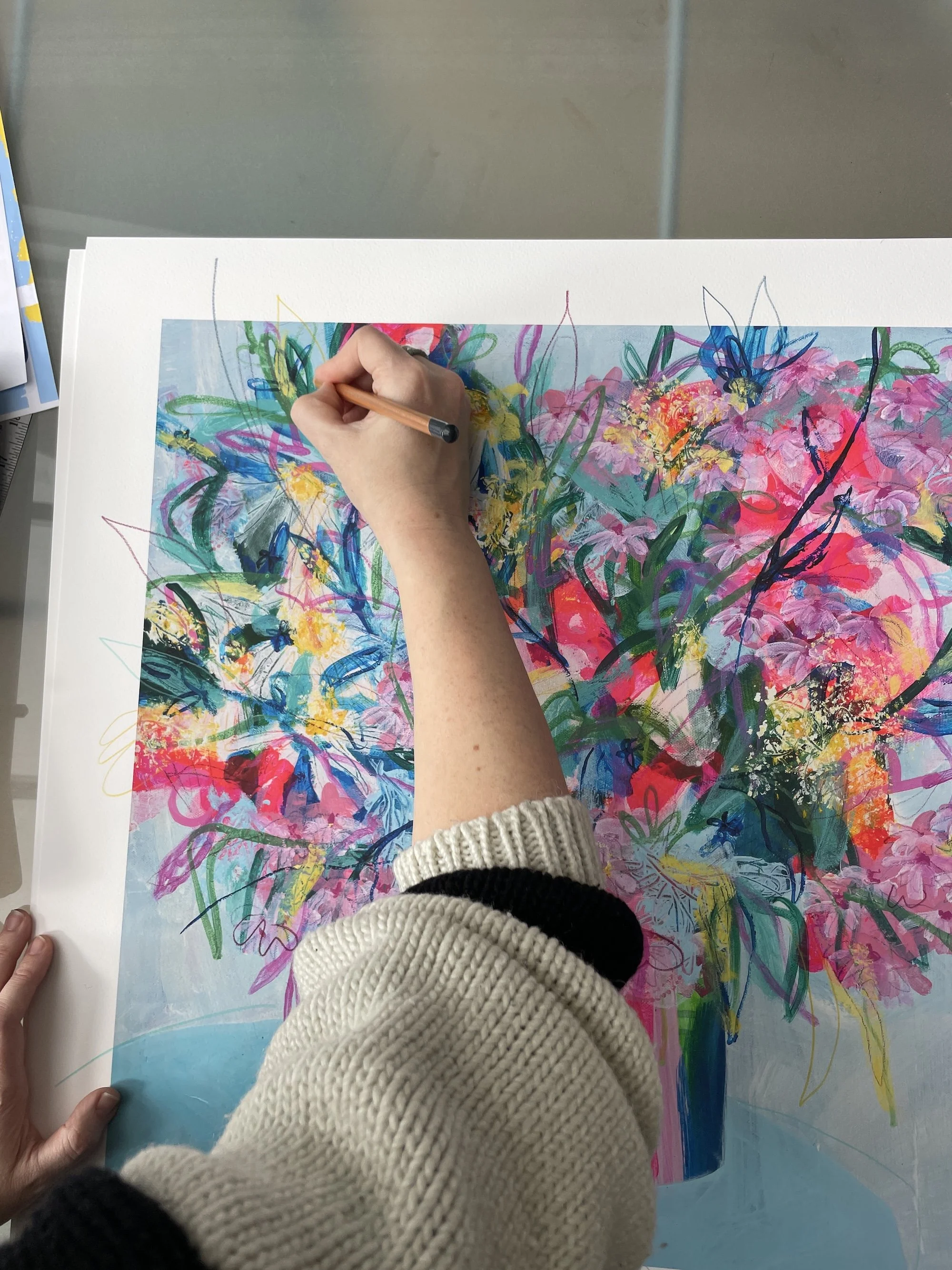 Aromatic Melody limited edition print by Faye Bridgwater, a print of flowers being hand finished by the artist