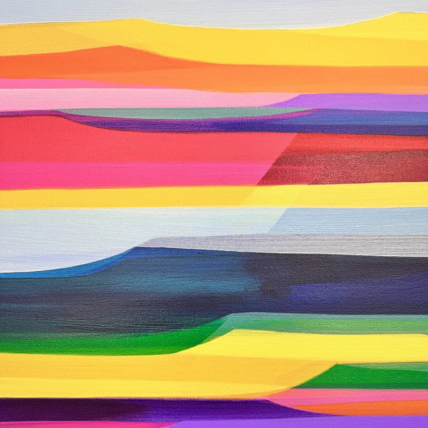 Expressive countryside painting with rolling hills and open sky