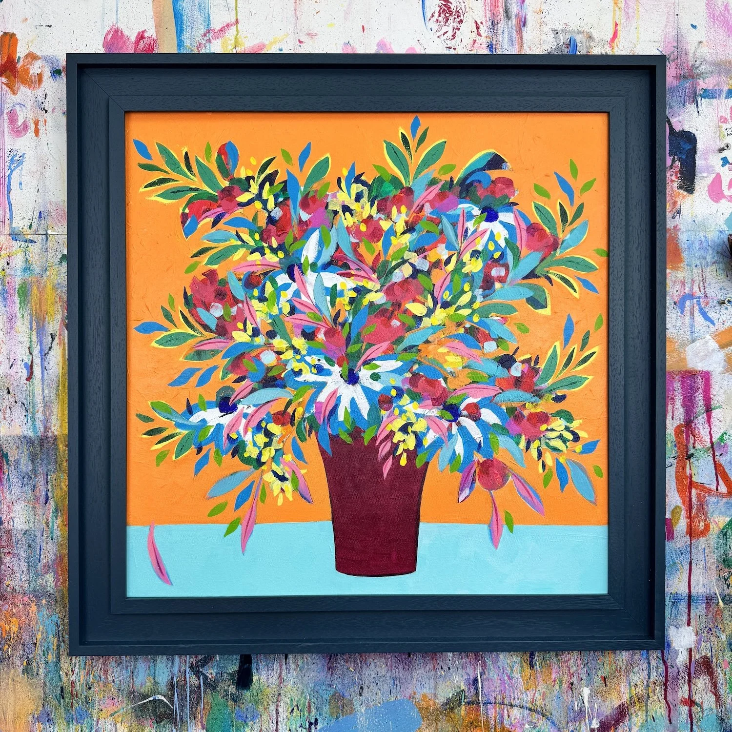Flowers in a pot painting with orange and turquoise contrast