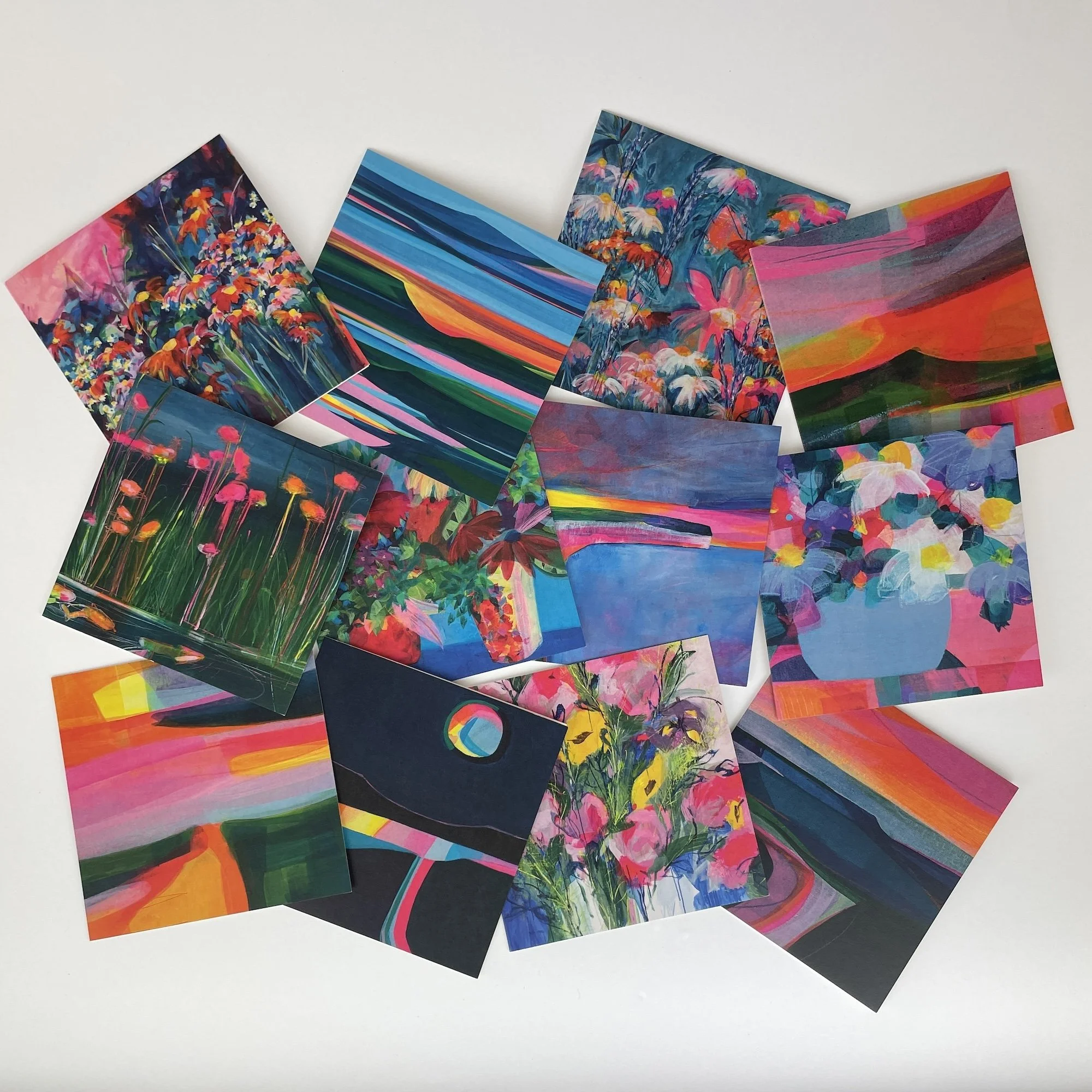 Luxury fine art landscape and floral greeting card featuring colourful abstract  paintings, designed and printed in the UK
