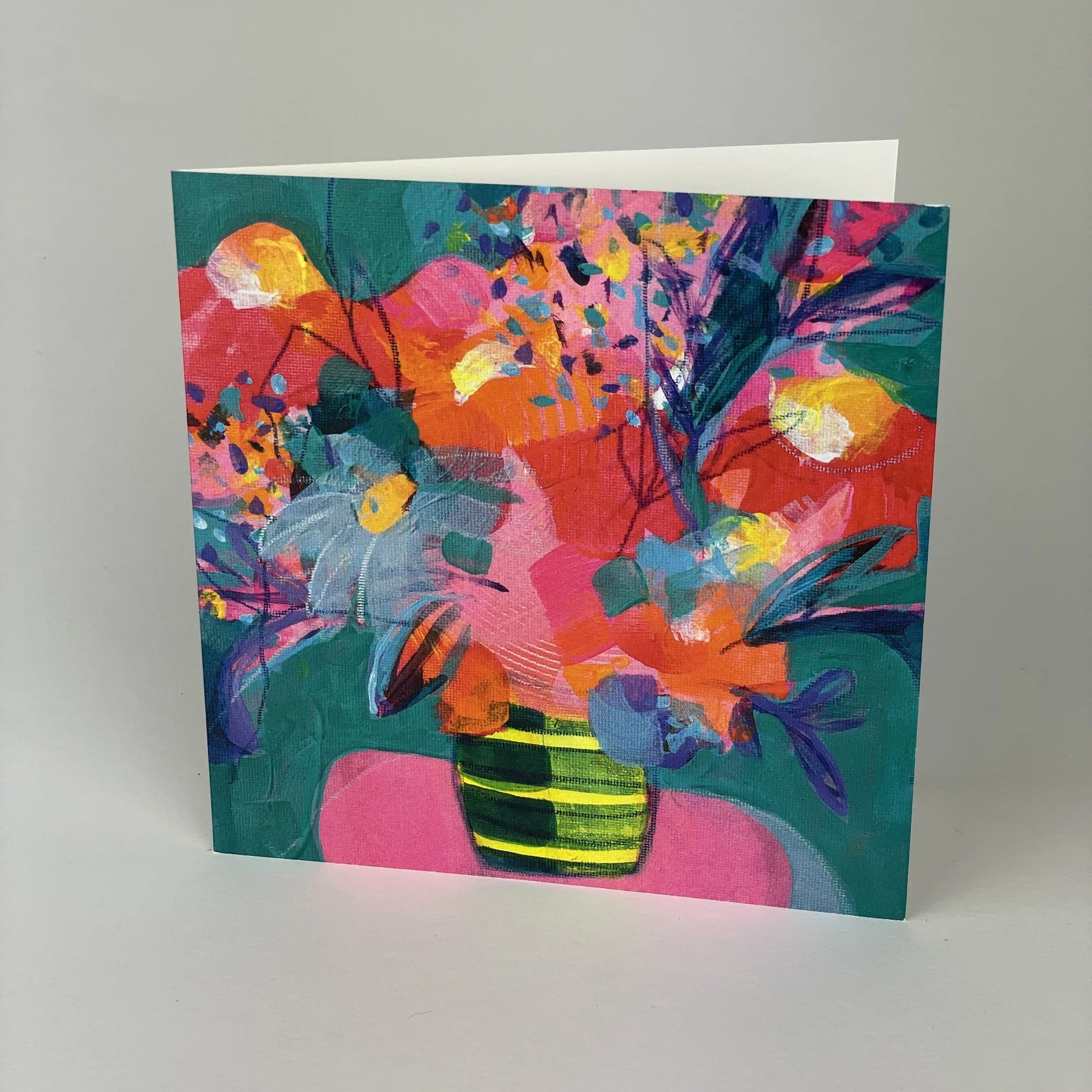 Artistic floral greeting card inspired by garden flowers in a pot, contemporary British fine art design