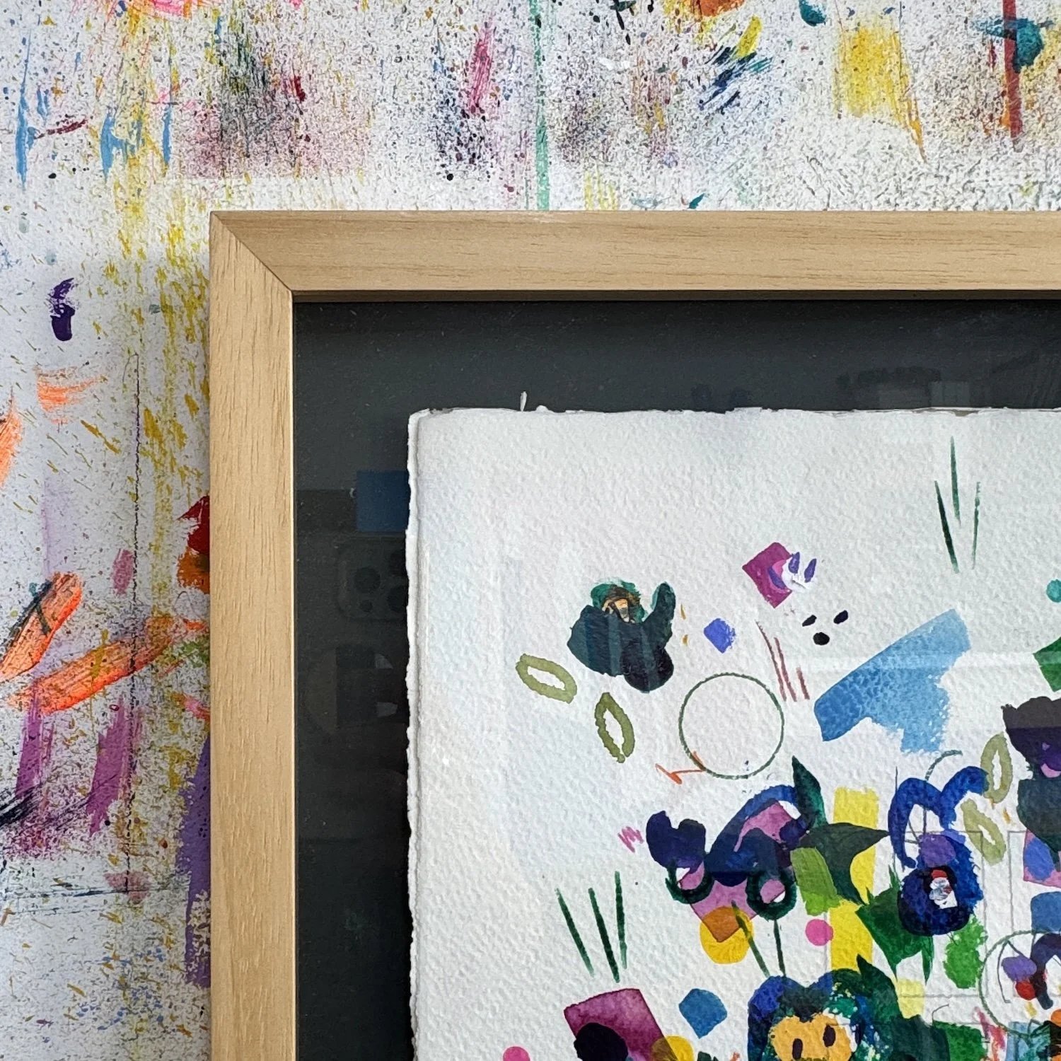 Detail of fine marks and layered colour in contemporary floral artwork