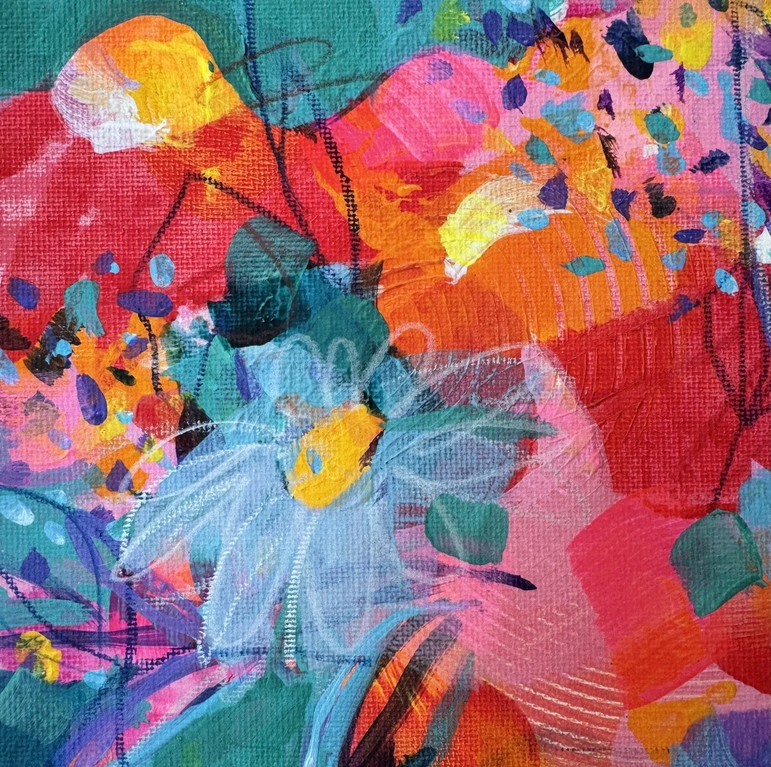 Floral print “The Gift” by Faye Bridgwater, full of warmth, colour and gentle movement