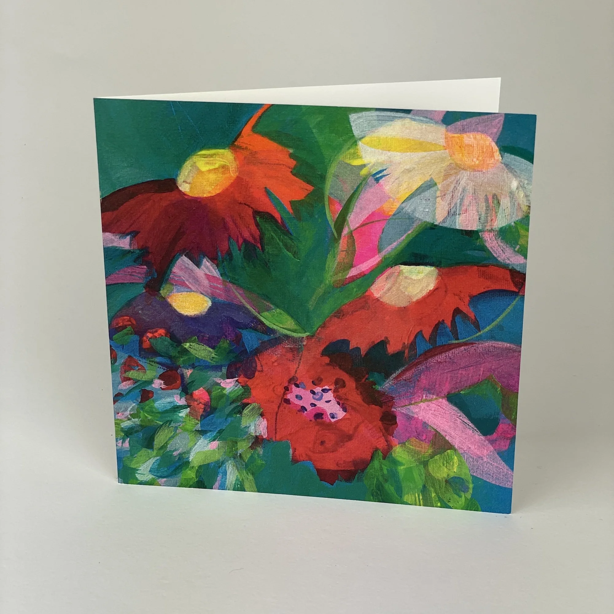 Bold floral greeting card with dynamic brushstrokes and lively colour palette, artwork by UK artist