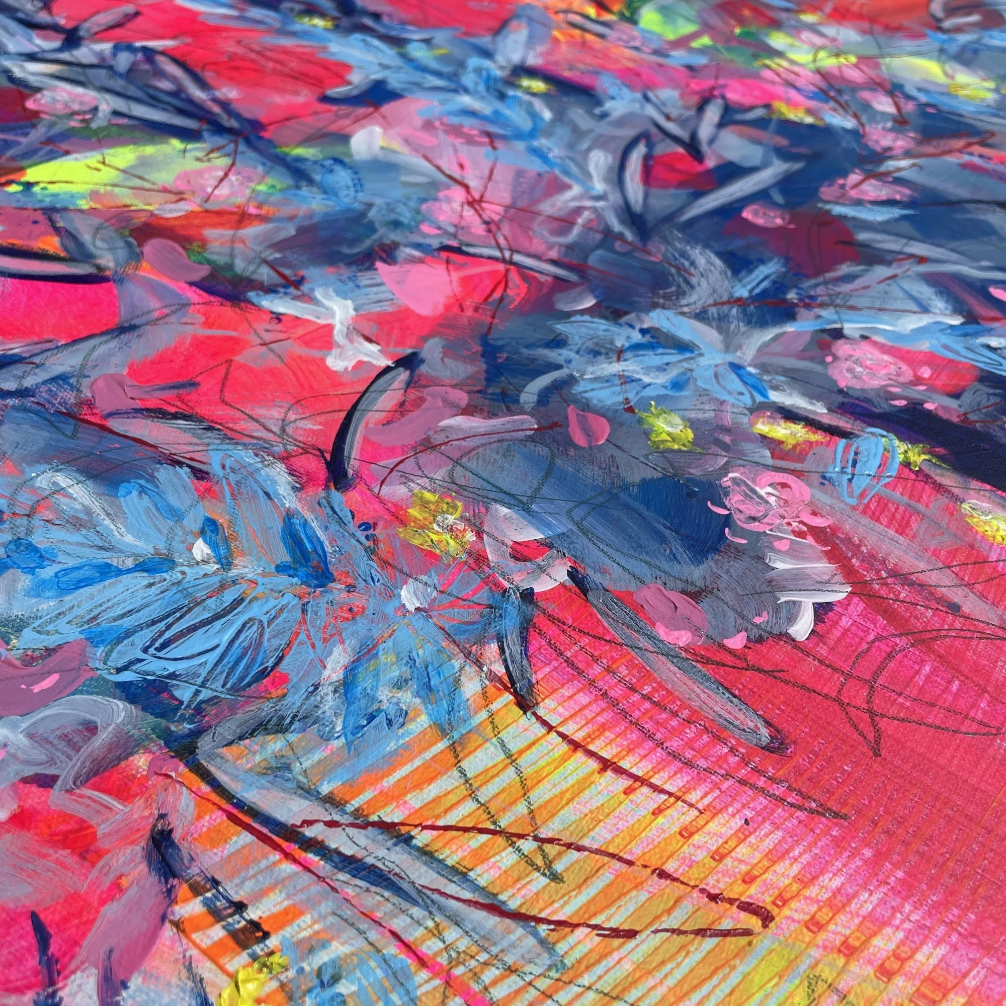 Close-up of floral art print “Triumph & Celebration” by Faye Bridgwater showing colour, texture and expressive detail