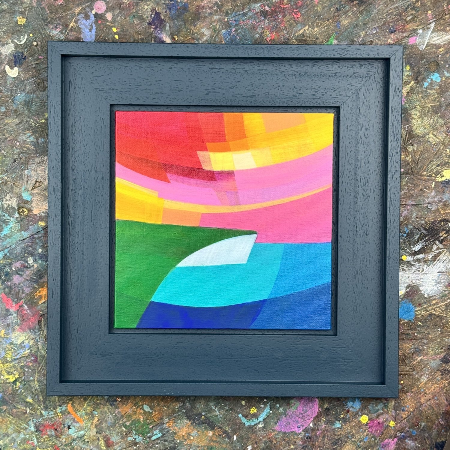 Bold seascape painting with fiery sky and expressive marks