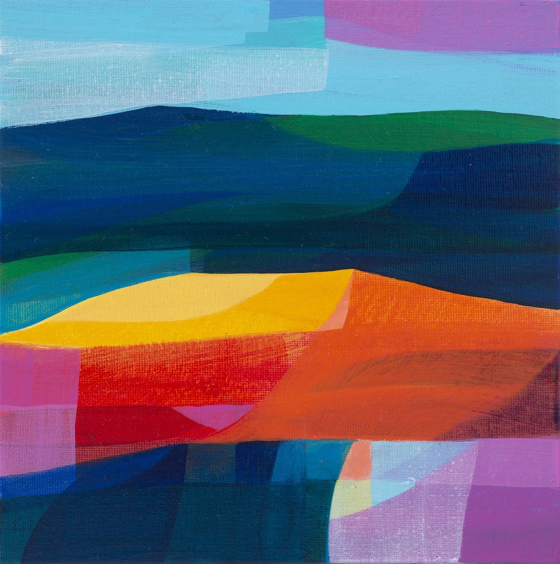 "In Quiet Thought" a vibrant and joyous landscape with deep reds and oranges