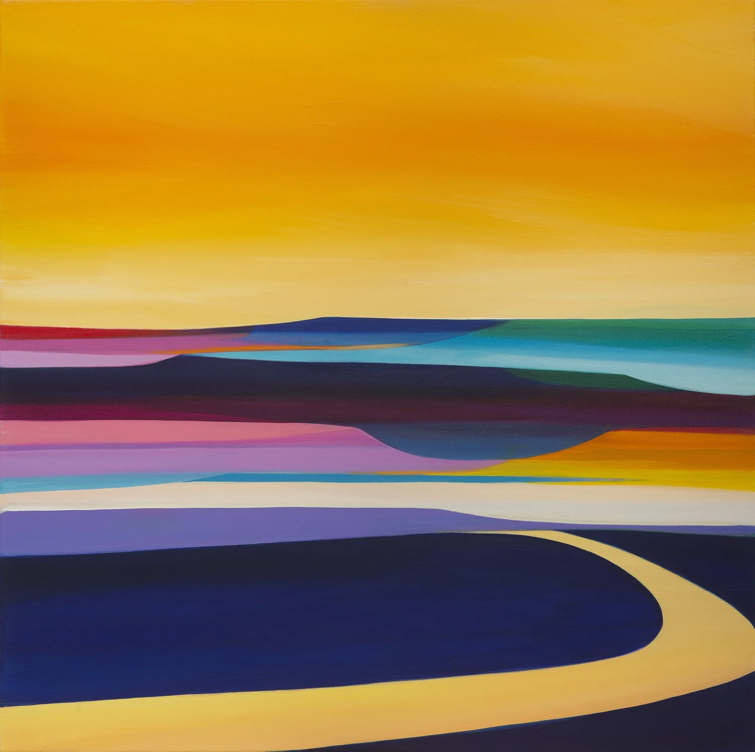 Large colourful landscape by contemporary British artist Faye Bridgwater