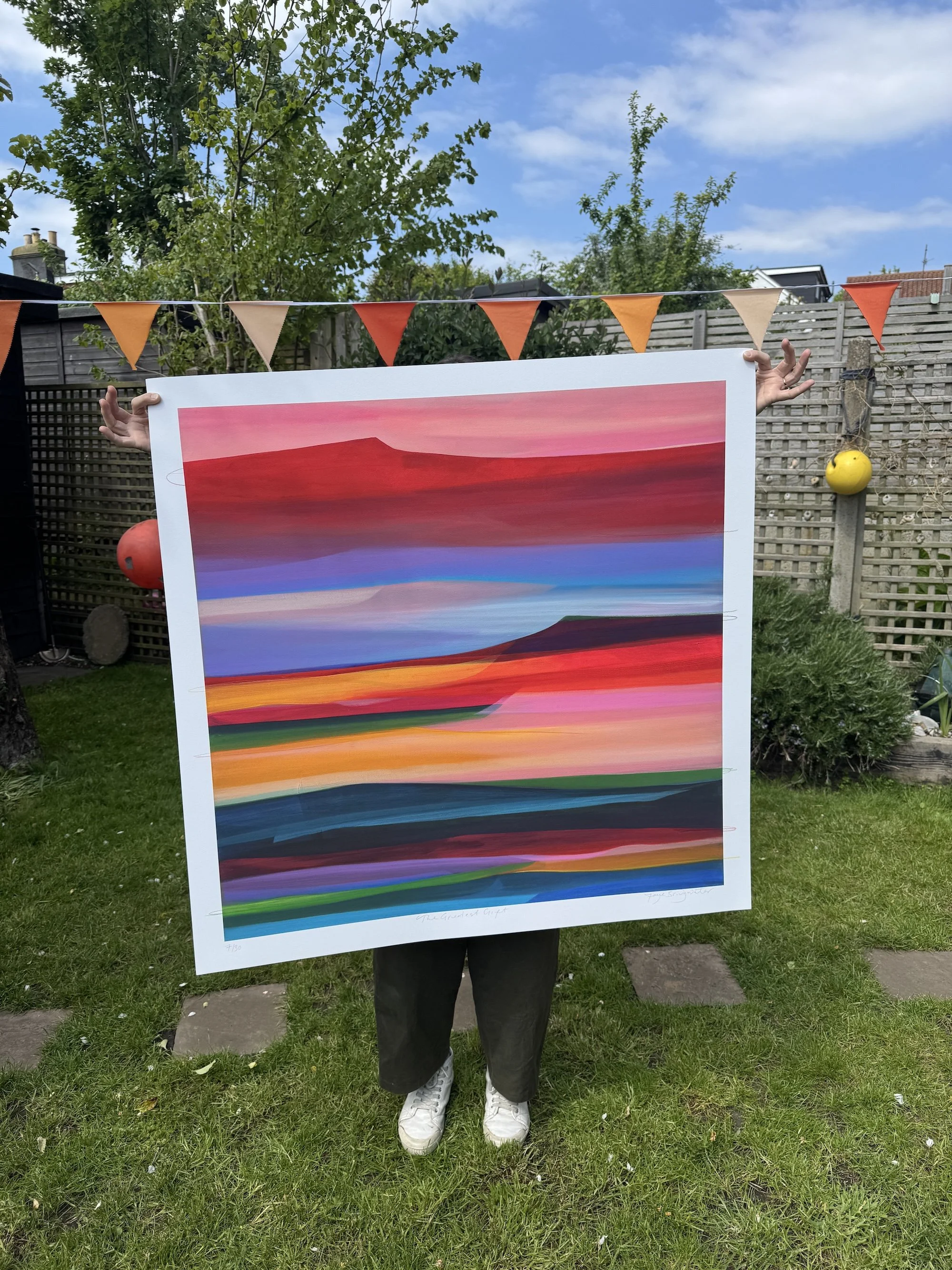 Fine art countryside print with bold colour and texture, a joyful modern artwork for home styling