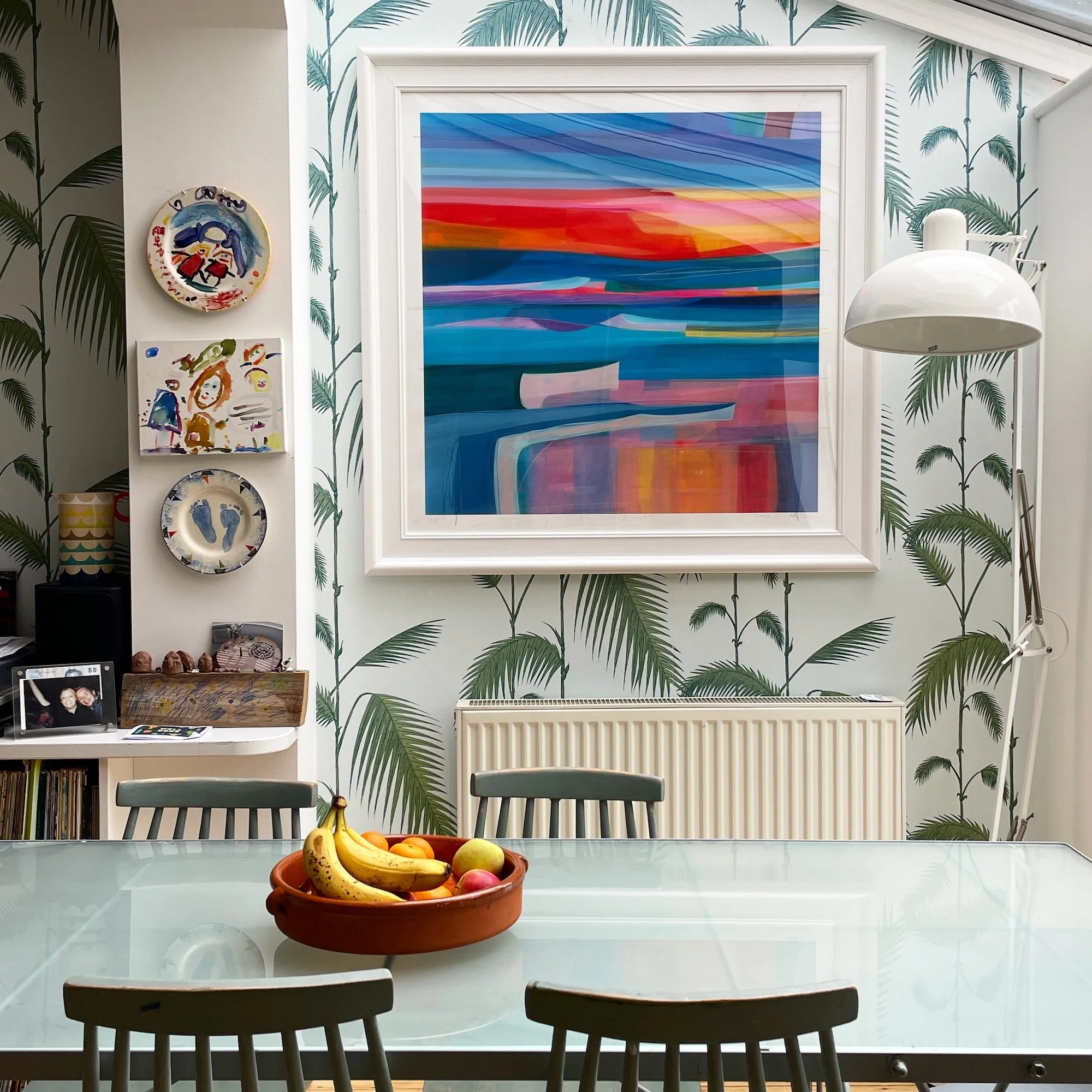 Contemporary landscape art print “Walking East” by Faye Bridgwater bringing atmosphere and colour into a space