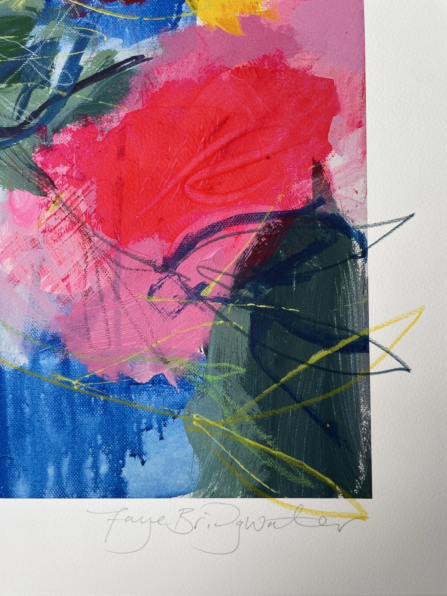 Hand finished detail of Big Blooms limited edition print by Faye Bridgwater