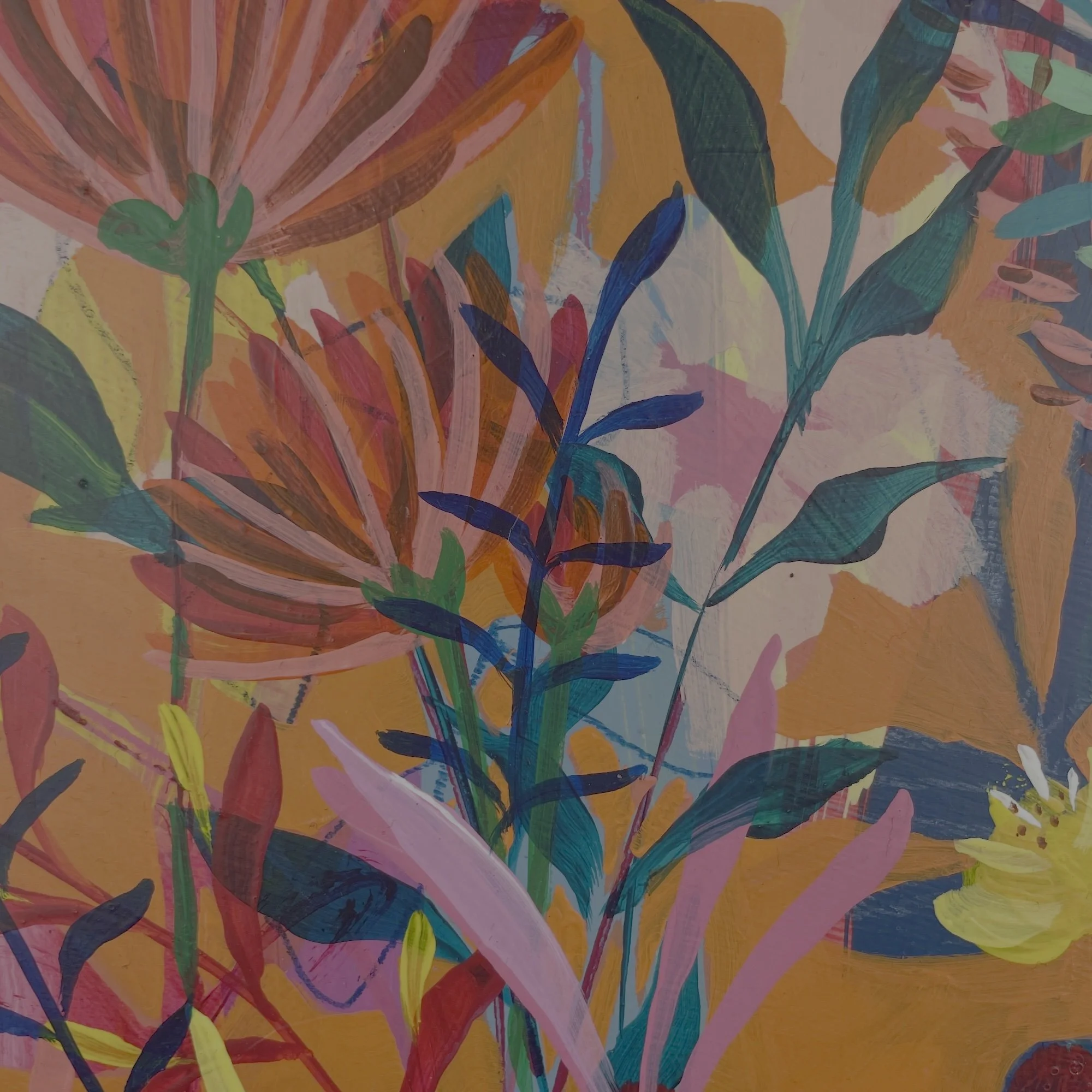 Vivid oranges and pops of colour in this uplifting artwork titled "Fun In The Sun" by Faye Bridgwater