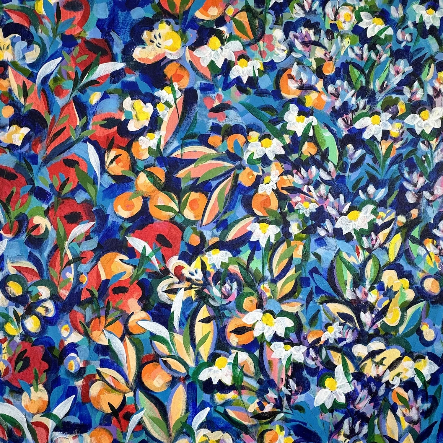 Colourful floral artwork with saturated tones and expressive marks