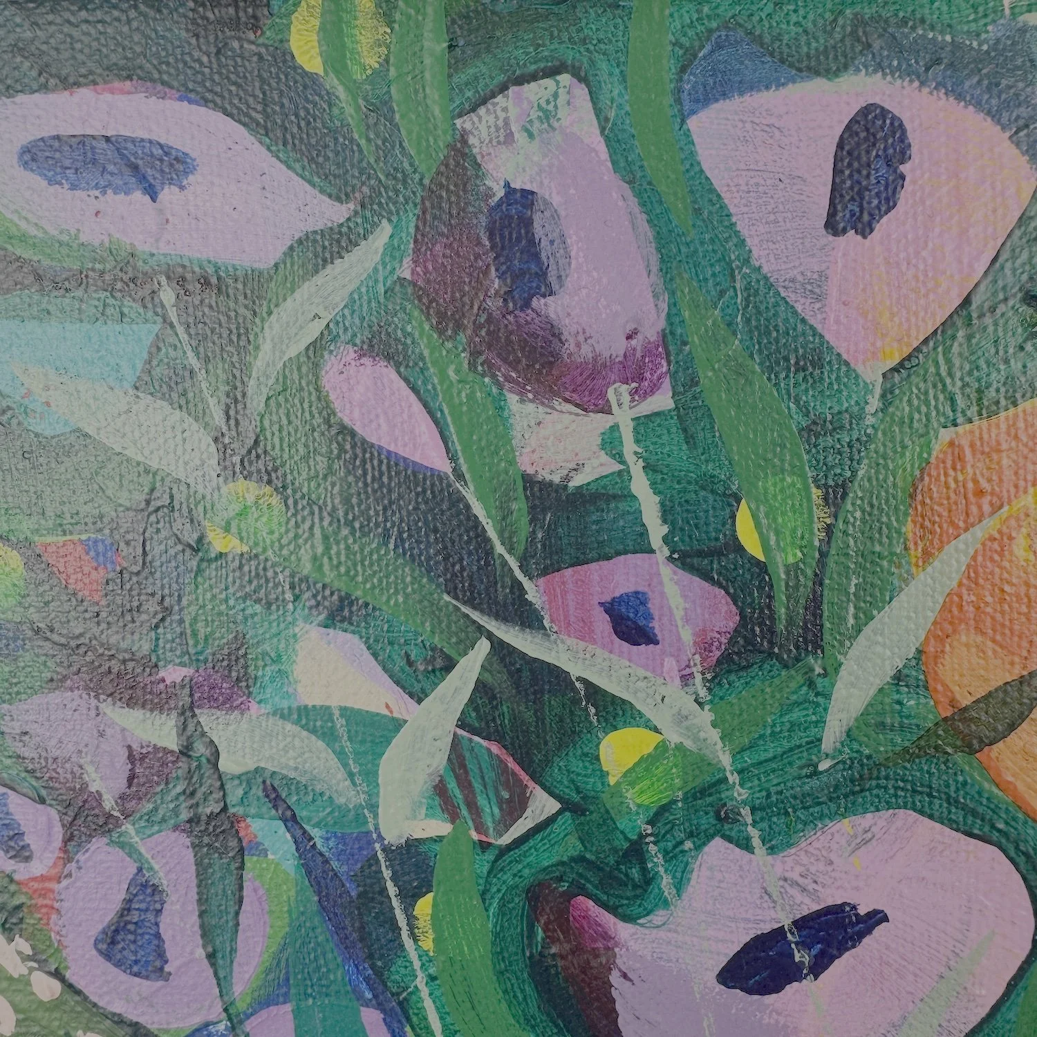 Green painting of flowers with pops of purple by Faye Bridgwater