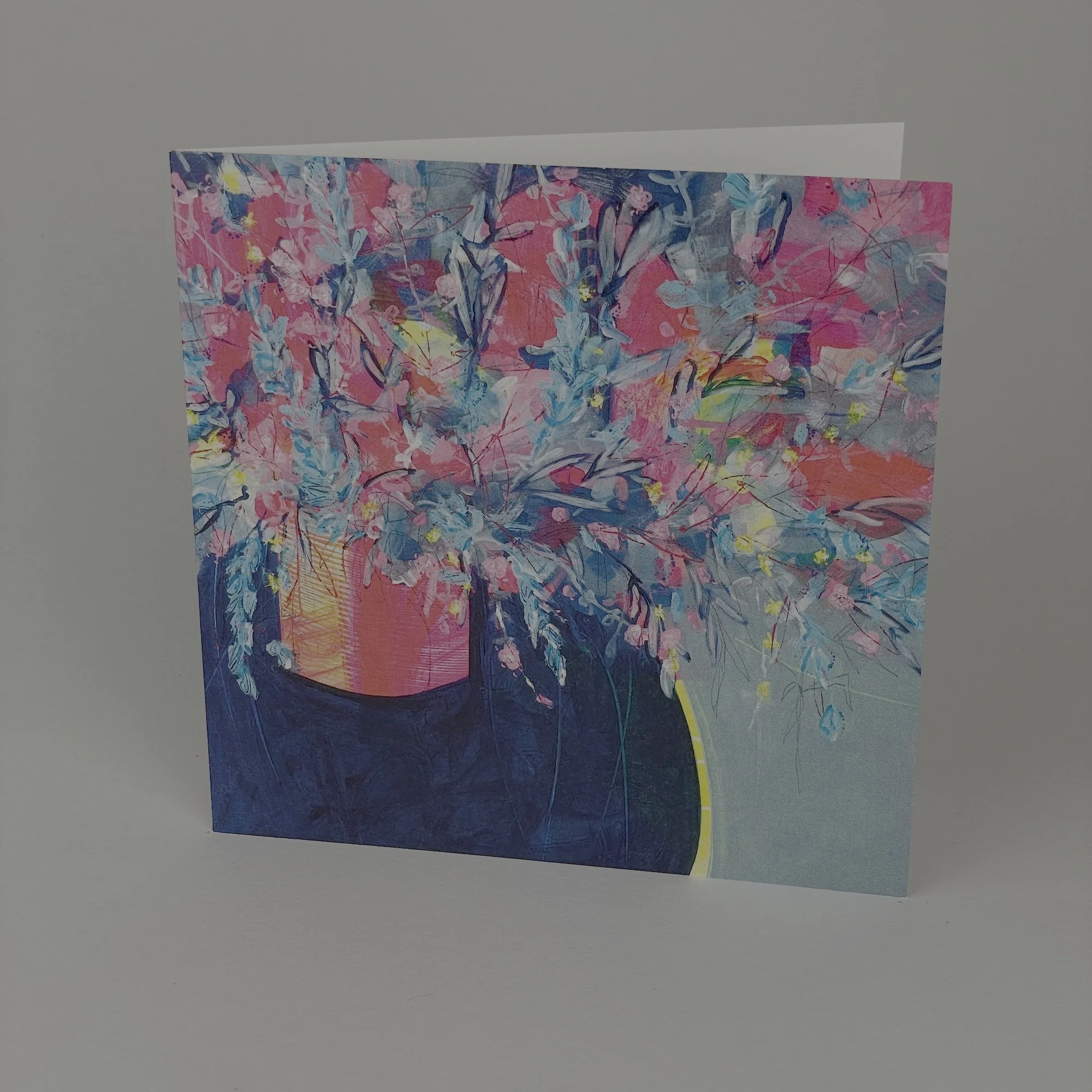 Gallery quality floral greeting card with loose painterly blooms and vibrant layered colour