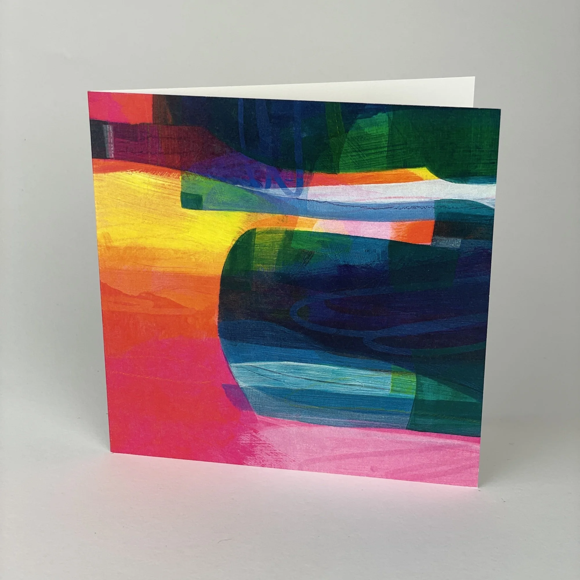 Gallery quality landscape greeting card with layered paint and atmospheric skies, blank inside