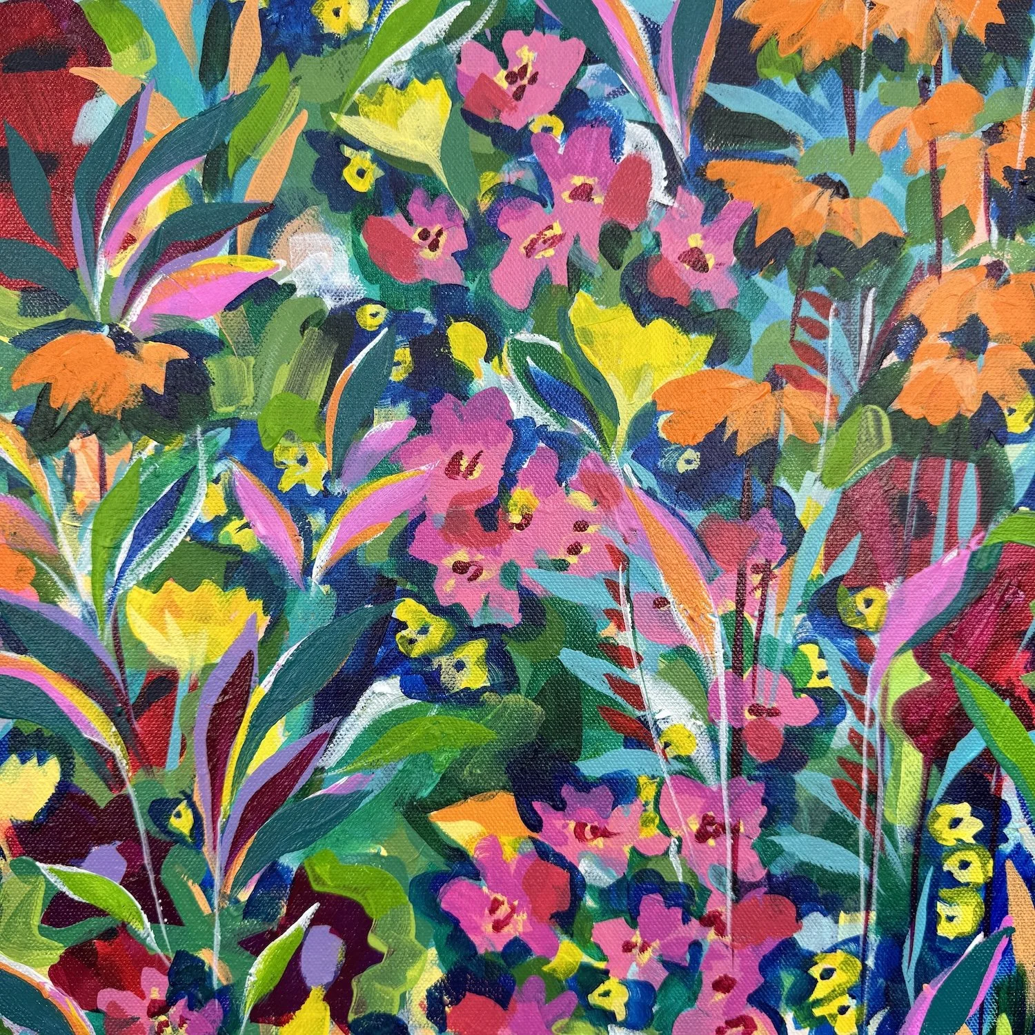 Wildflower painting with expressive marks and layered colour
