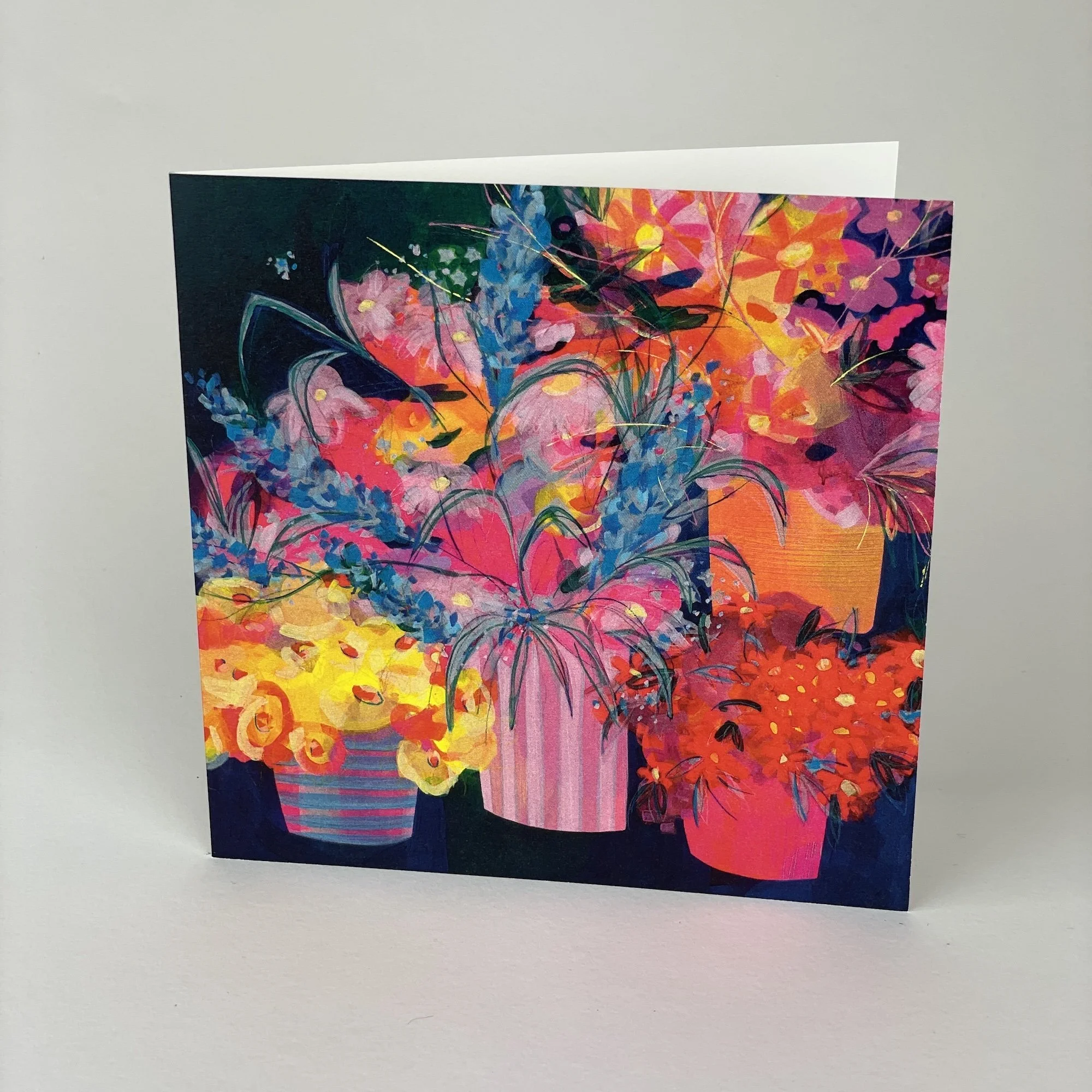 Contemporary floral greeting card for birthdays or celebrations, colourful garden-inspired artwork