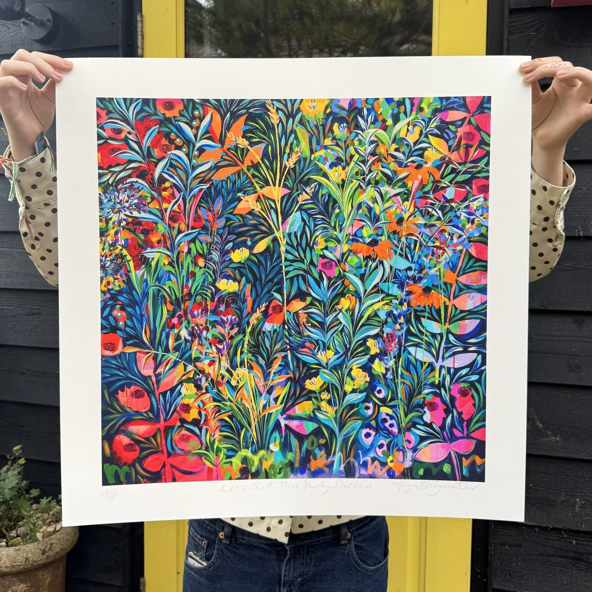Let's Get This Party Started limited edition print by Faye Bridgwater, a bold abstract floral in blue tones, full of movement and energy