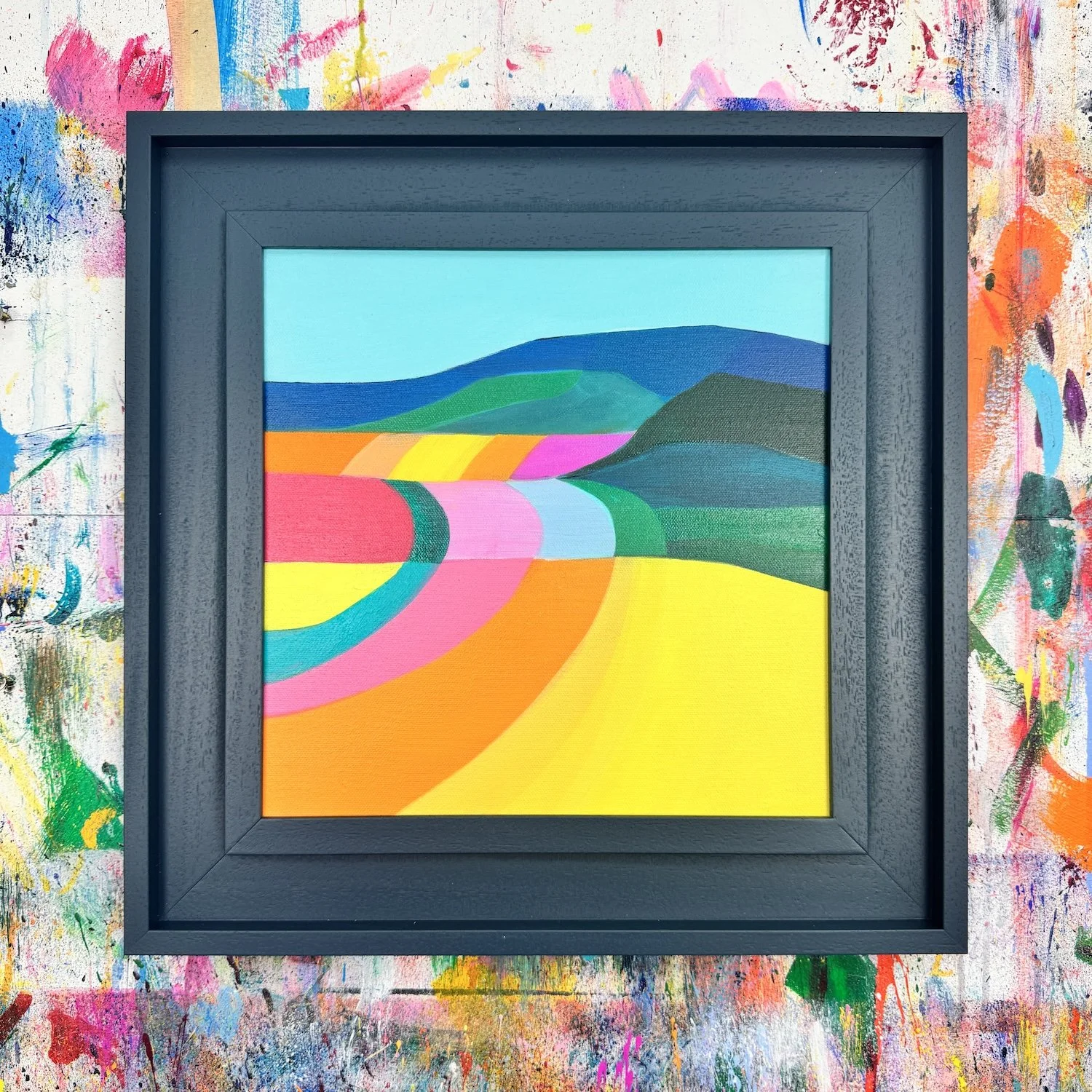 Bright abstract countryside painting with open sky and glowing colour