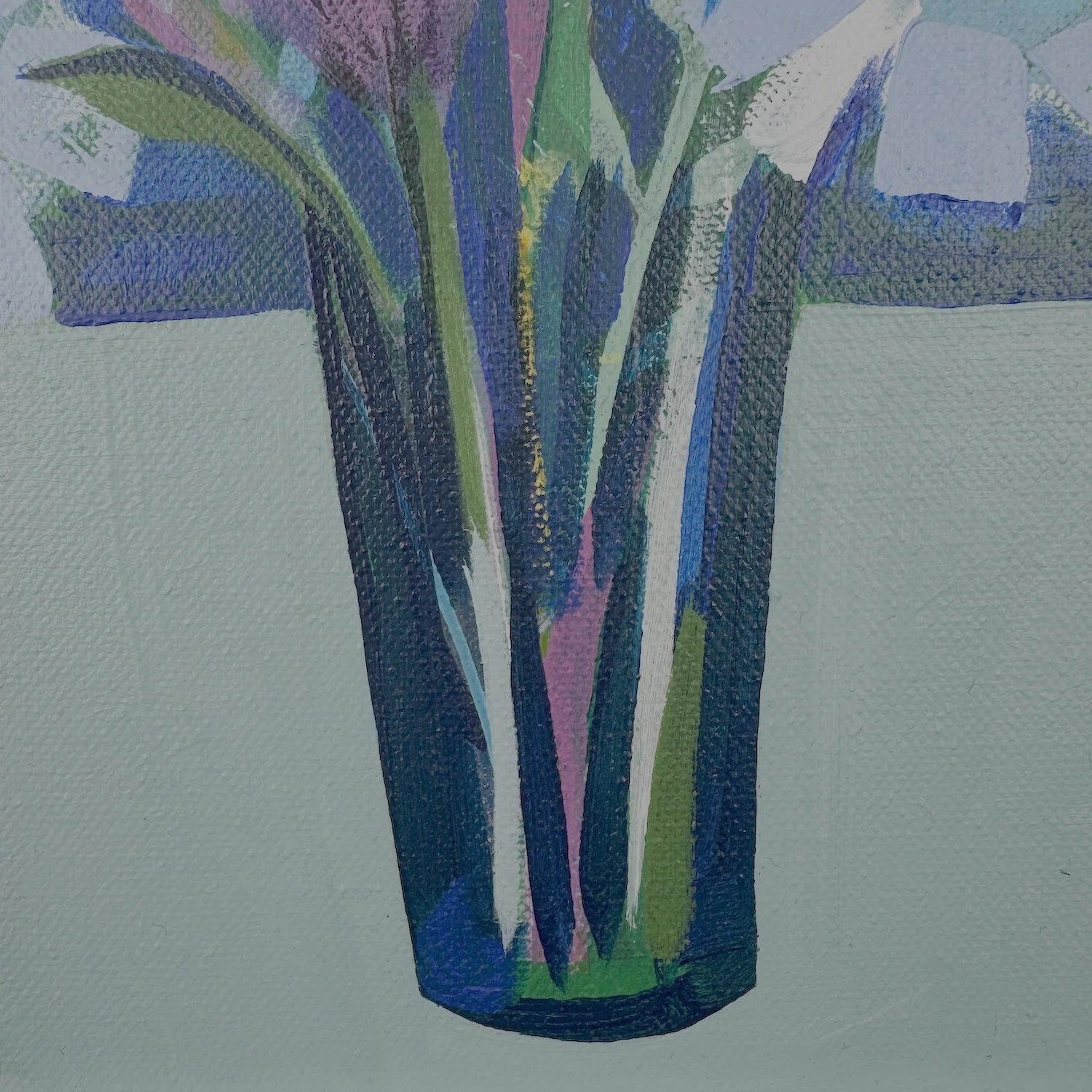 Flowers in a blue vase by Brighton based artist Faye Bridgwater