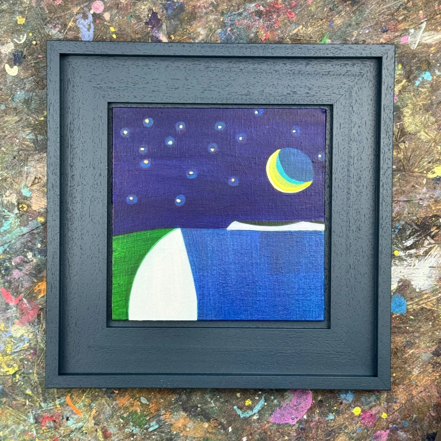 Abstract coastal painting with dark tones and moonlit sky