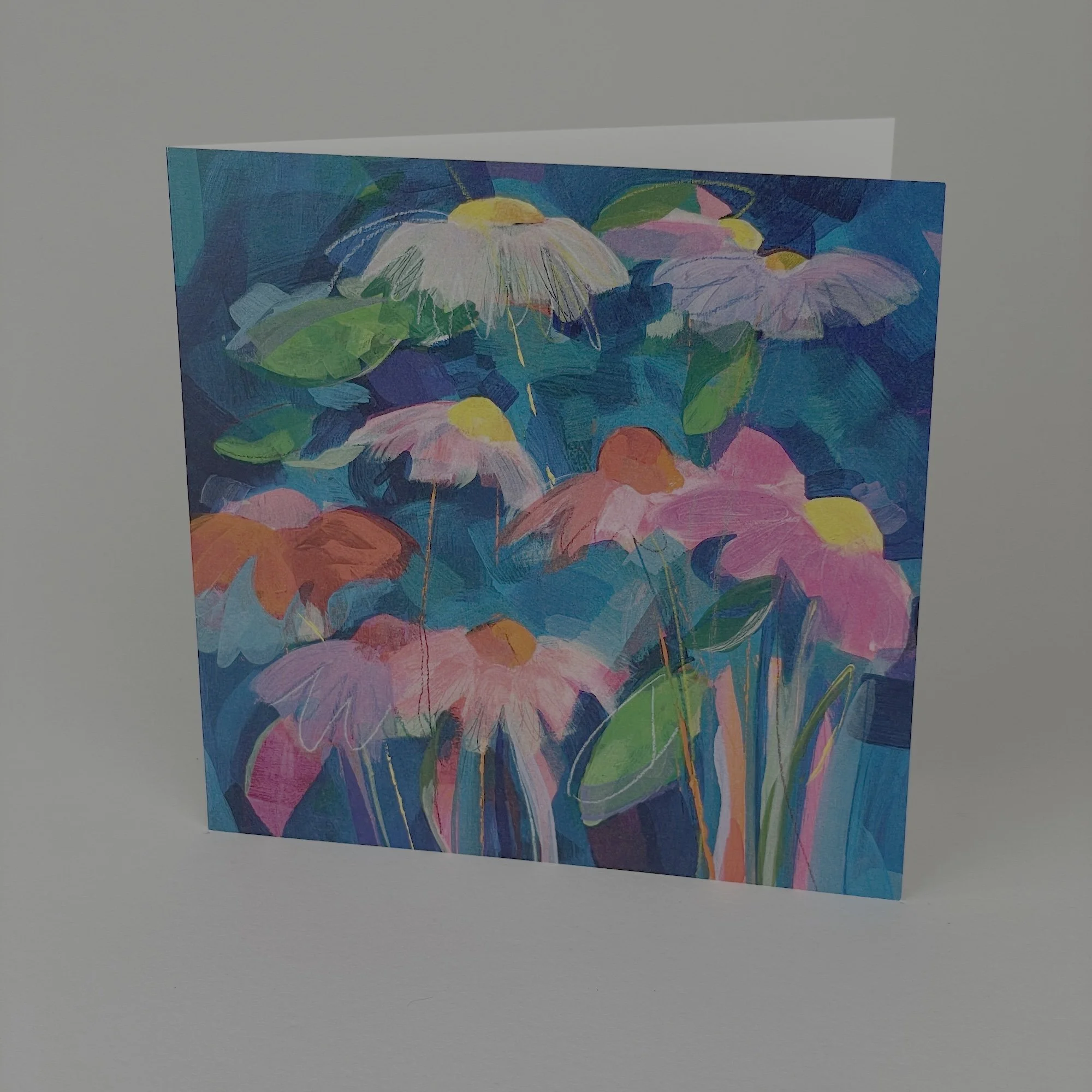 Colourful contemporary flower greeting card inspired by nature and gardens, blank inside, UK made