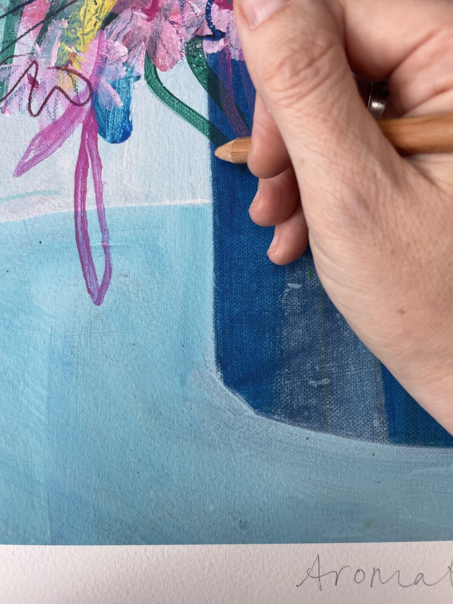 Hand finishing and signing of floral limited edition print by British artist Faye Bridgwater