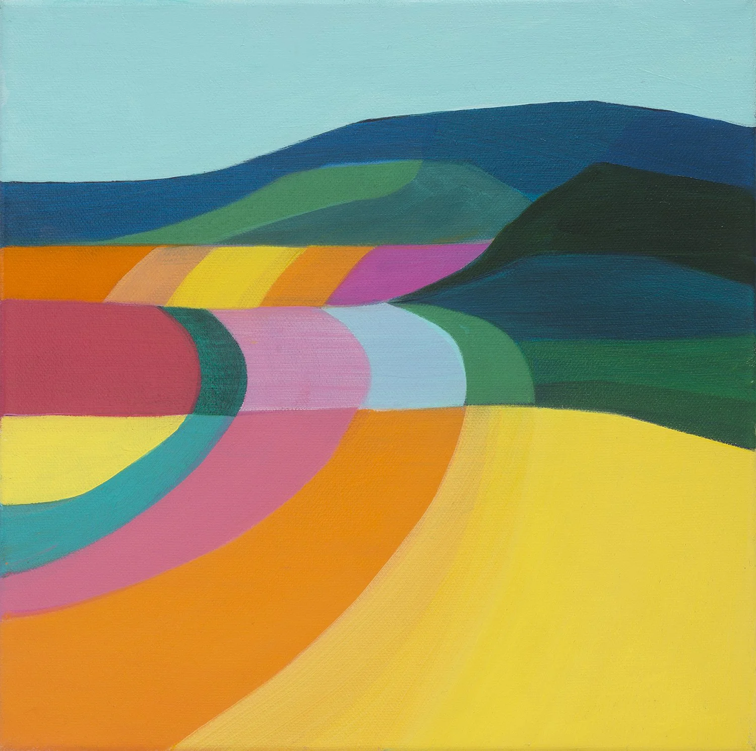 Abstract landscape painting with yellow, orange and green tones and blue sky