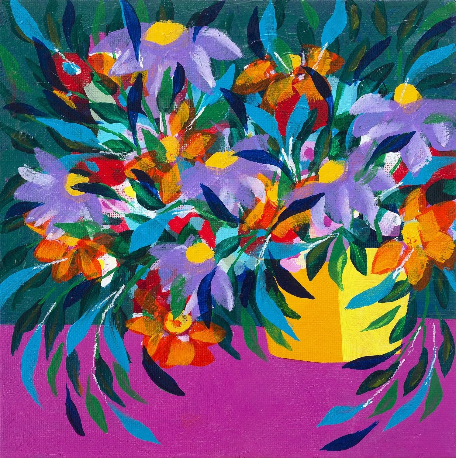 Beautiful pink and yellow wall art titled "Overspilling" by Faye Bridgwater