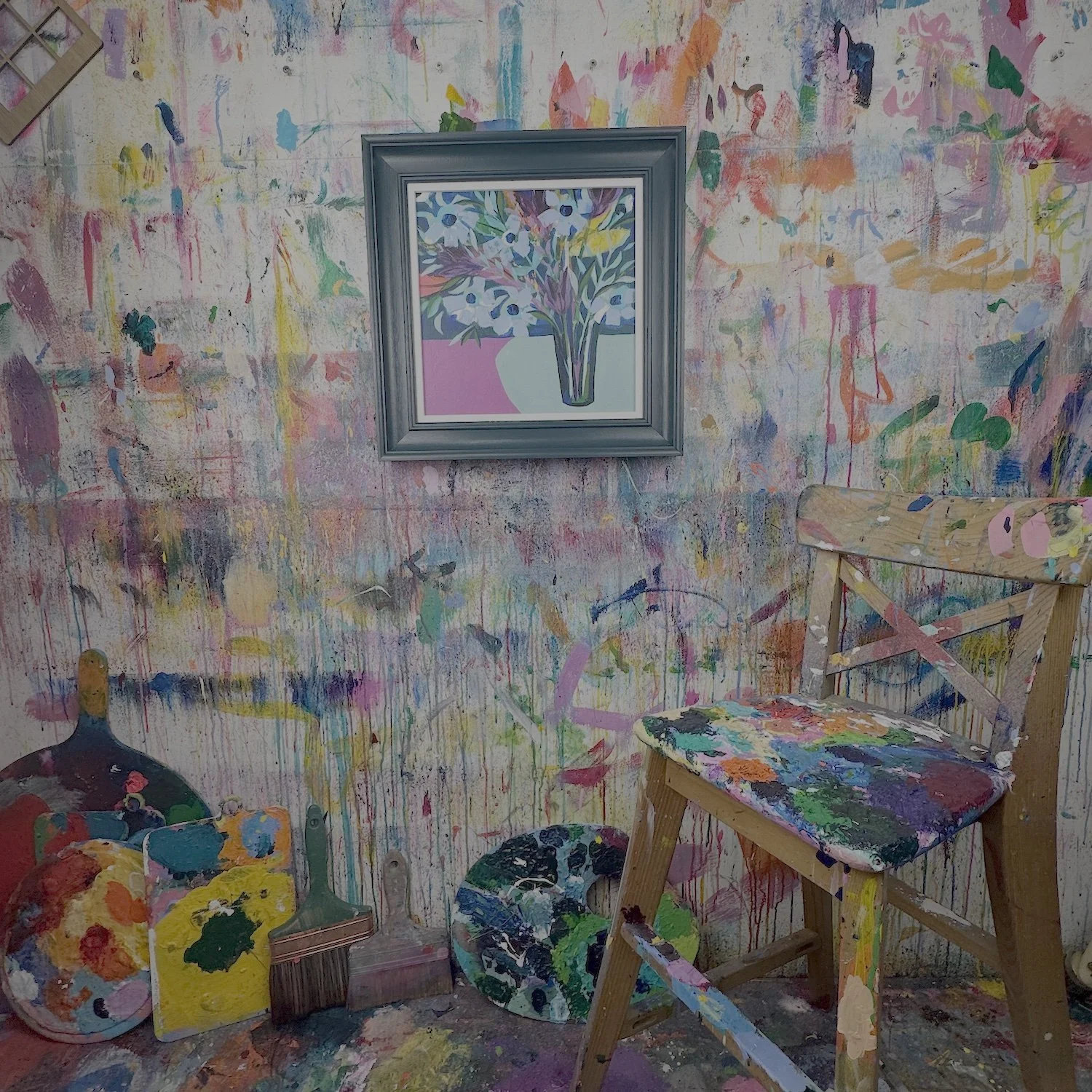 Blue and purple painting of flowers in a pot