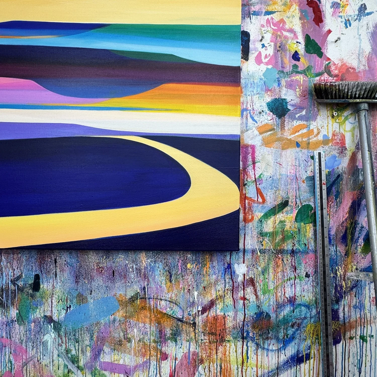 Large colourful abstract landscape painting by Faye Bridgwater