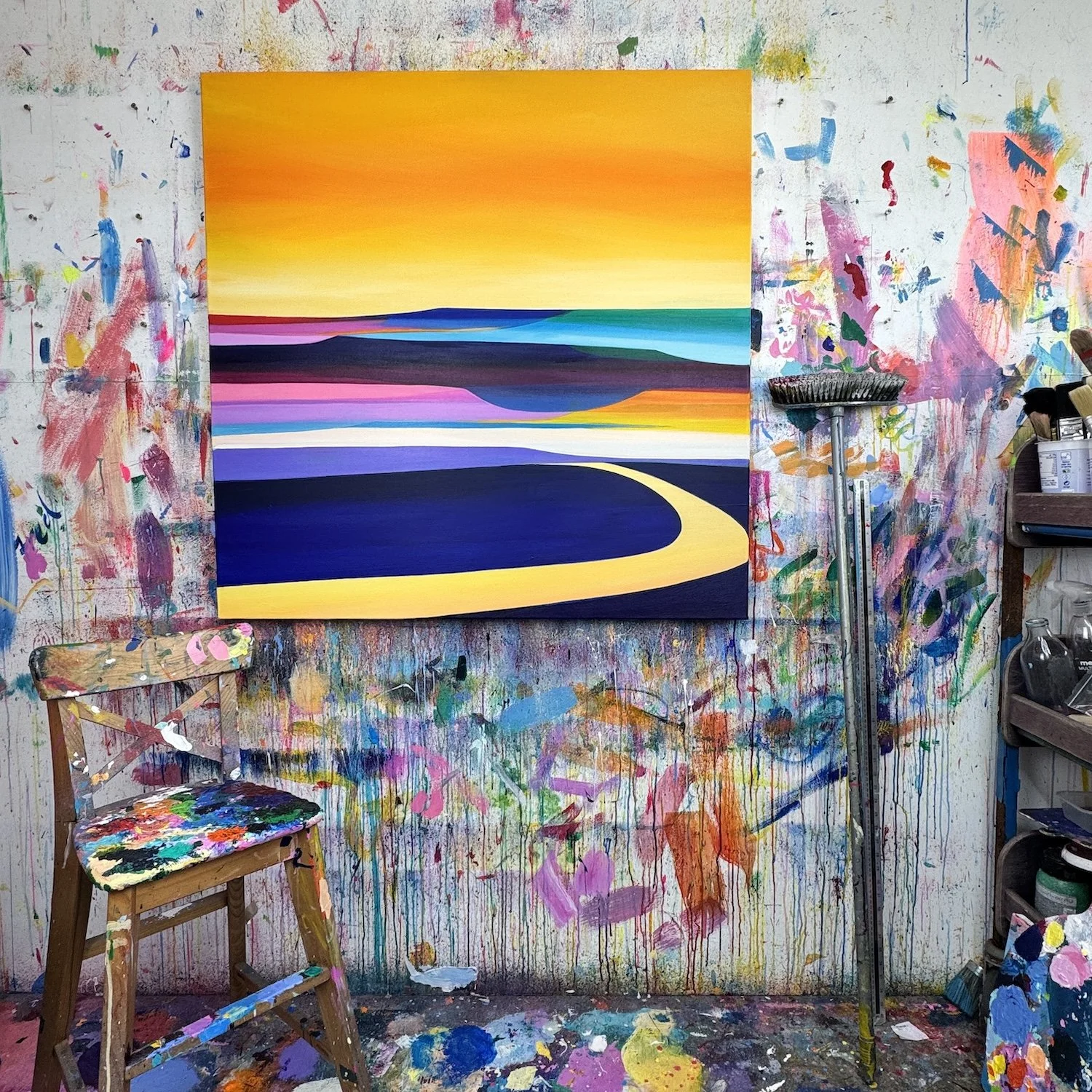 Colourful abstract landscape with blues and purples by British artist