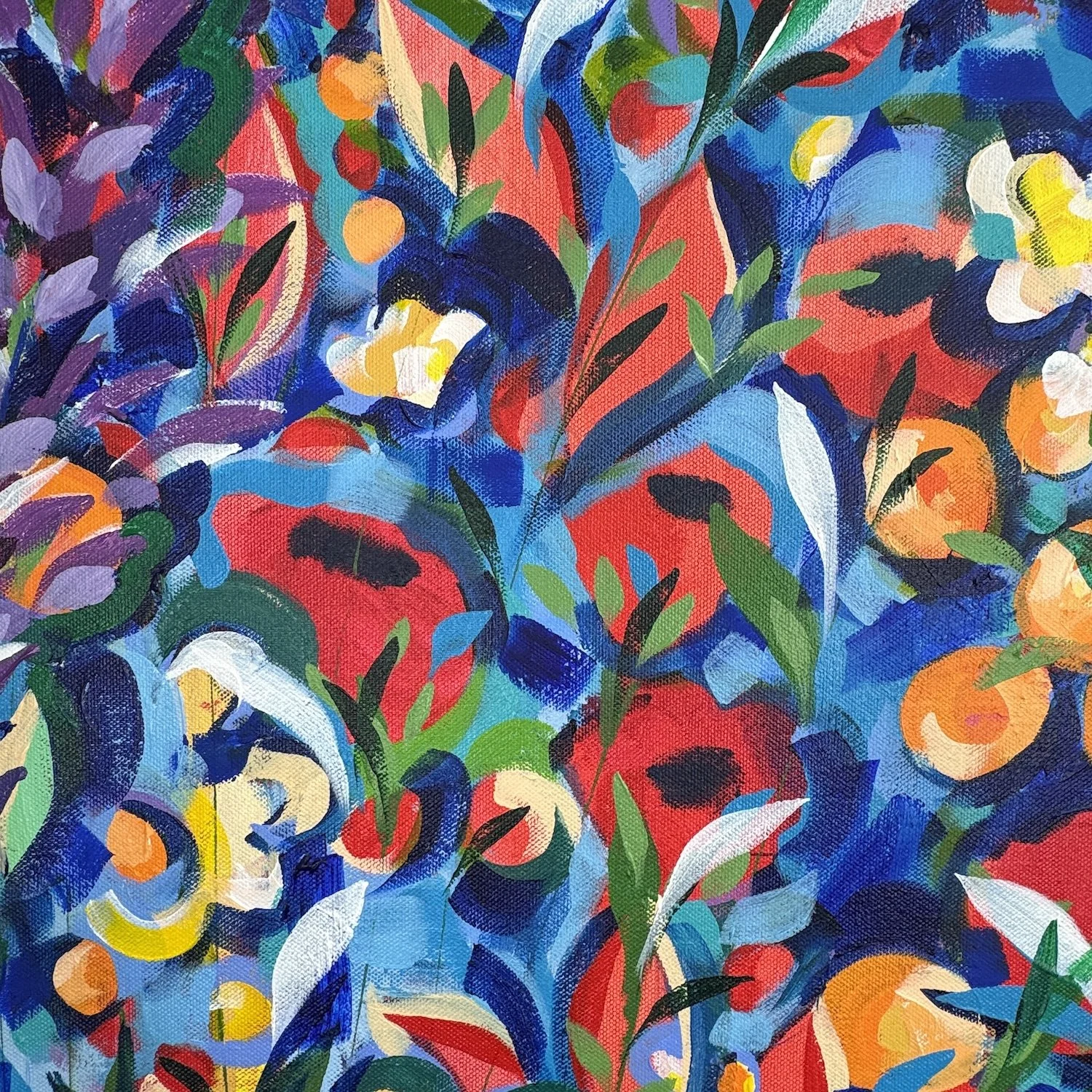 Close-up of small wild blooms in textured, colourful painting