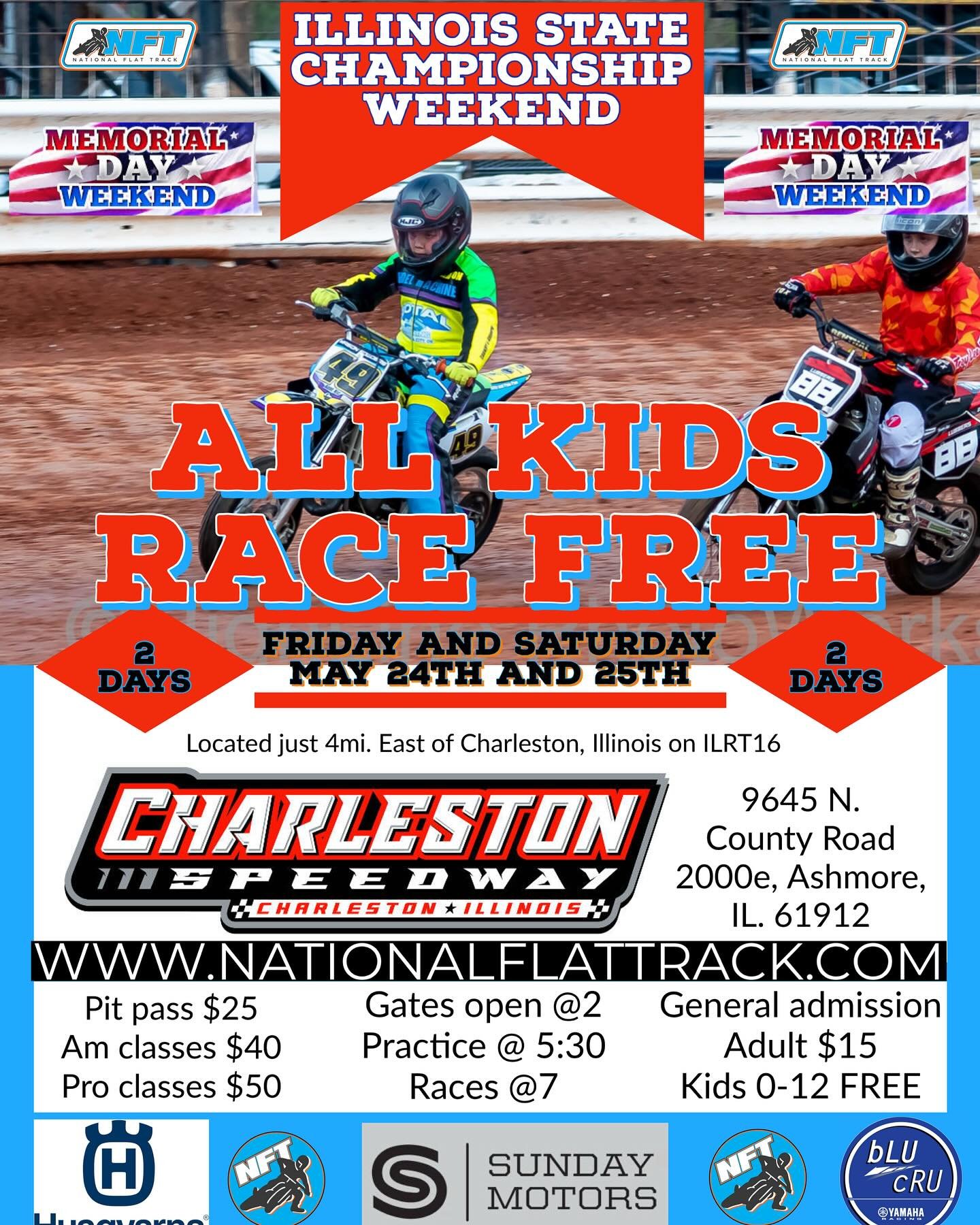 **FREE*FREE**FREE*FREE**FREE**🏁

Things keep getting better for the NFT Illinois State Championship race weekend Friday and Saturday night under the lights on the 3/8 MILE track May 24th and 25th. Charleston Speedway just stepped up to sponsor ALL K