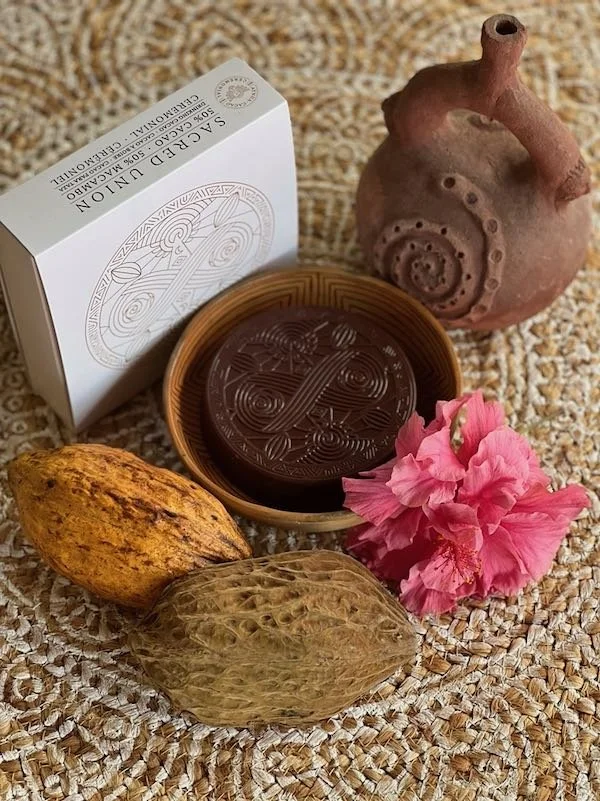 Premium ceremonial cacao sacred union, with cacao and macambo pods, daily ritual to reconnect with your heart