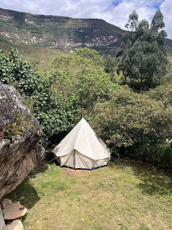 Bell tent in nature, surrounded by mountains, cacao diet retreat. Aynua Amazonas, Peru