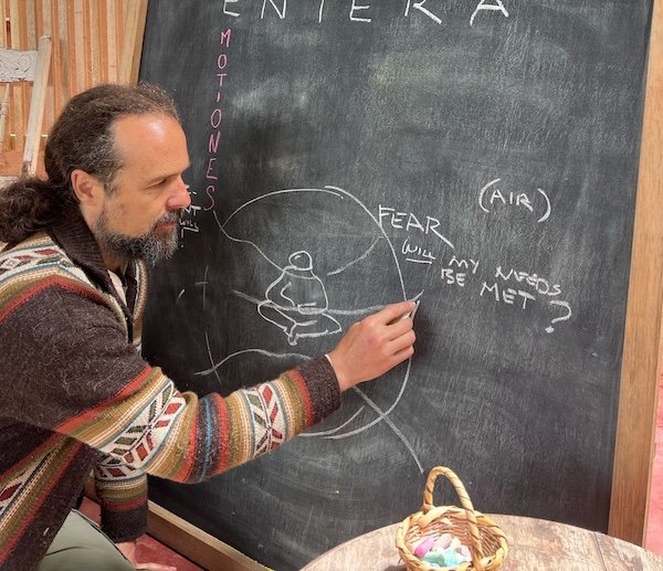 Shamanic teacher Alku, black board, emotional healing journey, shamanic school, Aynua Amazonas, Peru