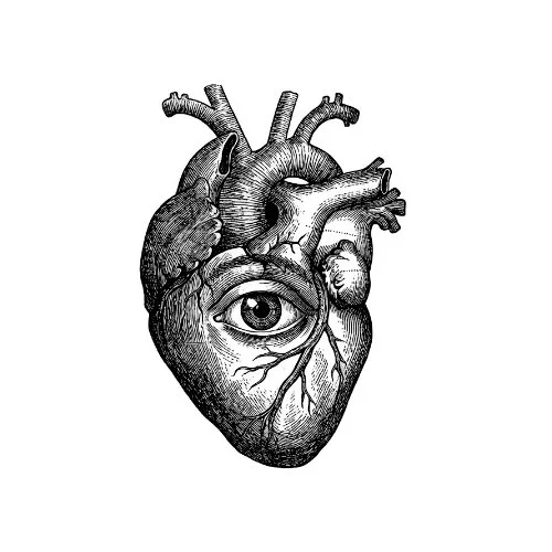 Heart with an eye in its center, old engraved style