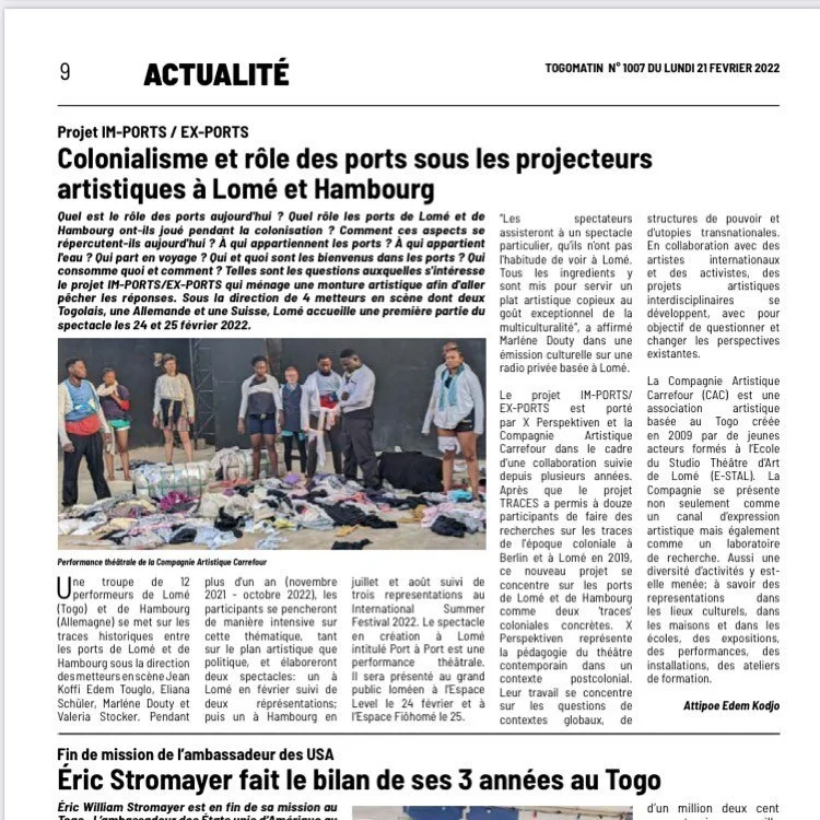 Aujourd'hui dans le journal et jeudi la premi&egrave;re du spectacle &bdquo;PORT &agrave; PORT&ldquo;!

#soon #countdown #finalrepetition #decolonial #port #hamburg #lom&eacute; #theatre #performance #newspaper #print #togomatin