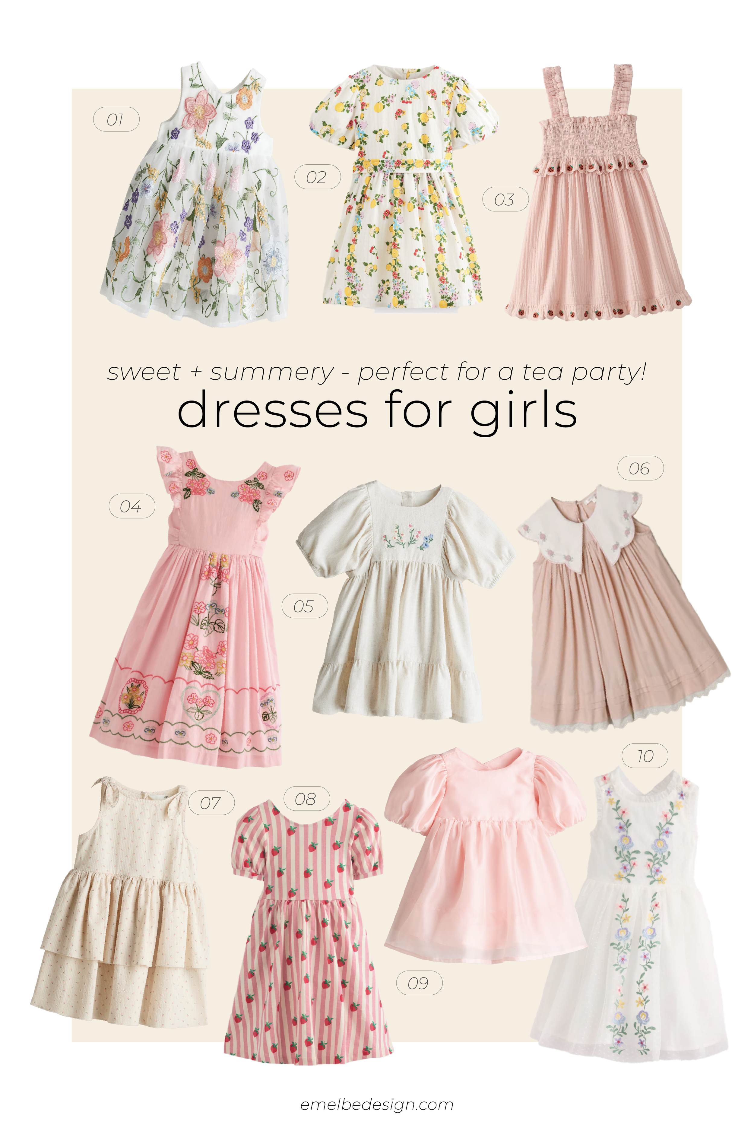 ideas for tea party or fancy summery dresses for girls! Tulle, embroidered flowers, berry print, organza, floral, fruit - perfect for a summer event!