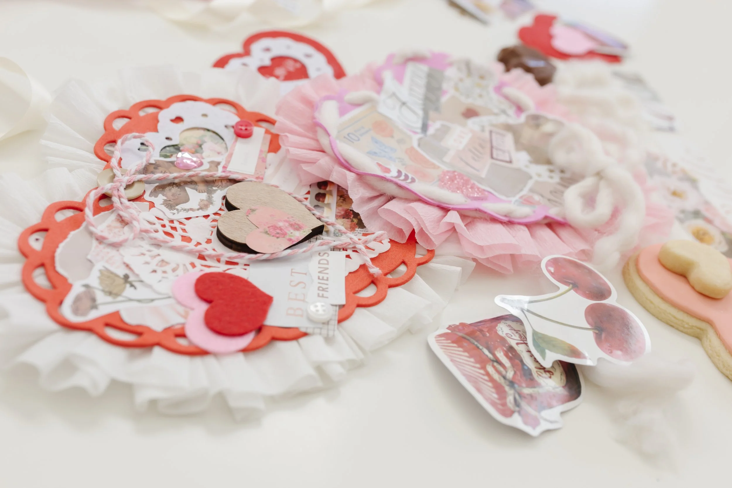 close up of a heart-shaped valentines day themed collage art project